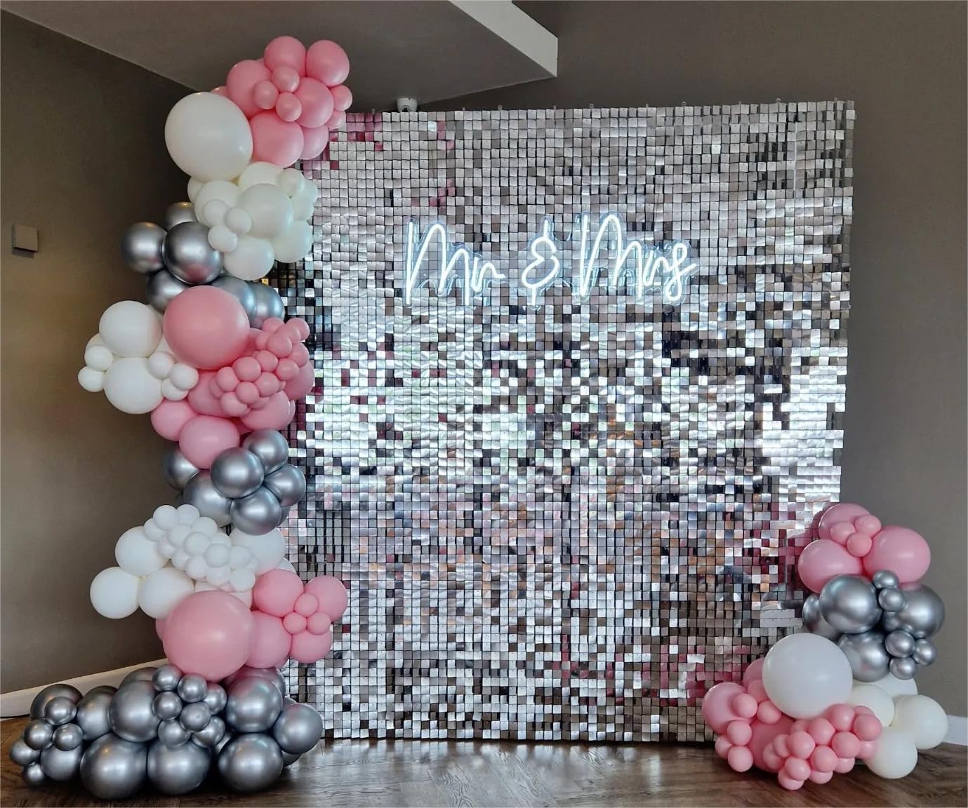 Shimmer Wall Backdrop Silver Square Sequin Wall Panel Backdrop Decor For Wedding, Anniversary, Birthday, Party, 24 Panels