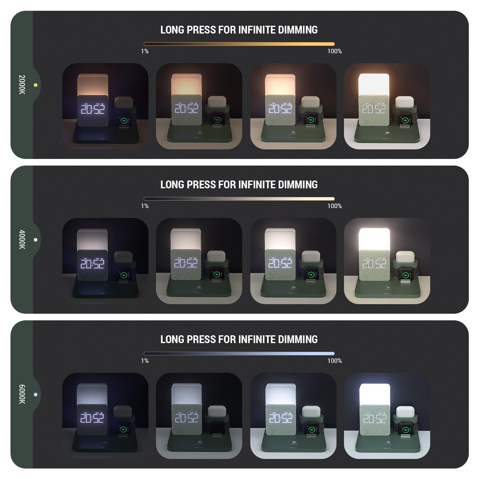 Wireless Charging Station, Iphone 3 In 1 Fast 15W Wireless Charger With Alarm Clock And Night Light, Charging Dock For Iphone 12