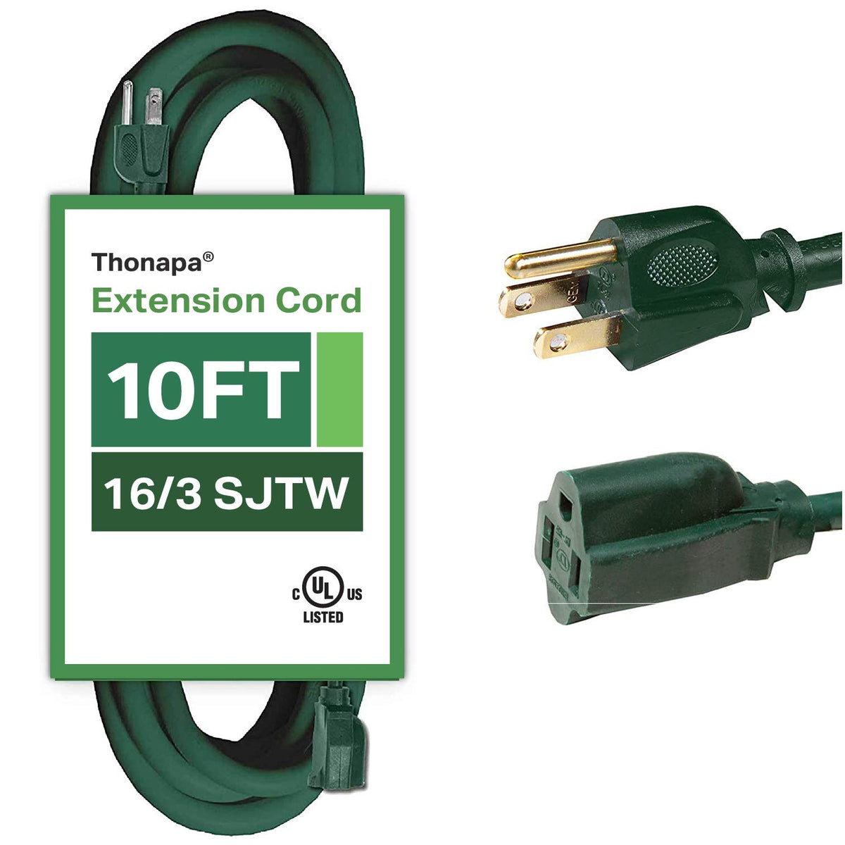 Thonapa Weatherproof Green Extension Cord 10 Ft 3 Prong, 16/3 Sjtw Water Resistant Outdoor Extension Cord 10 Foot 13 Amp, Electr