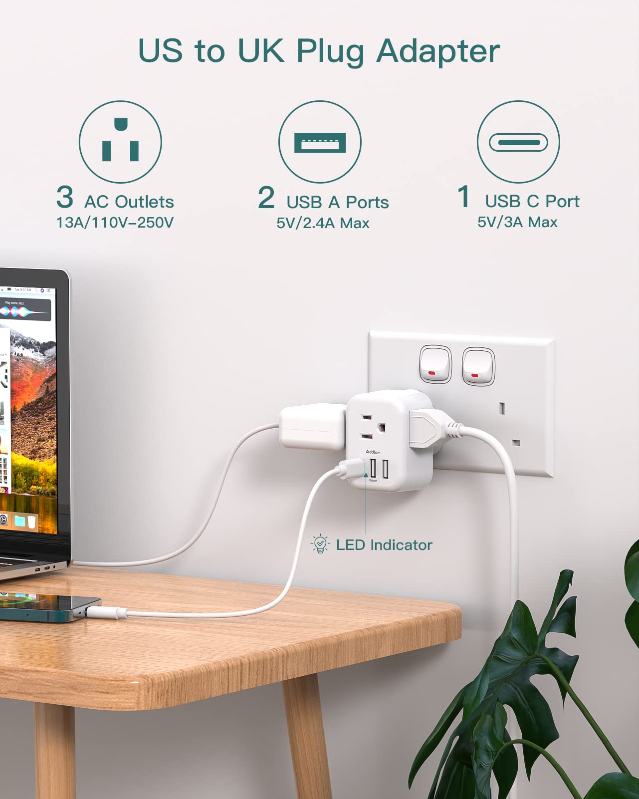 Us To Uk Ireland Plug Adapter, Addtam Type G Power Adapter With 3 Ac Outlets And 3 Usb(1 Usb C), Travel Essentials For Usa To Du