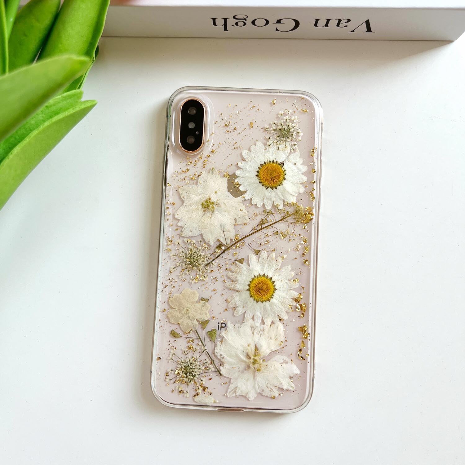 Lseeka For Iphone X/Iphone Xs Clear Case With Pressed Real Flowers Design,Glitter Cute White Floral Pattern Slim Soft Tpu Protec