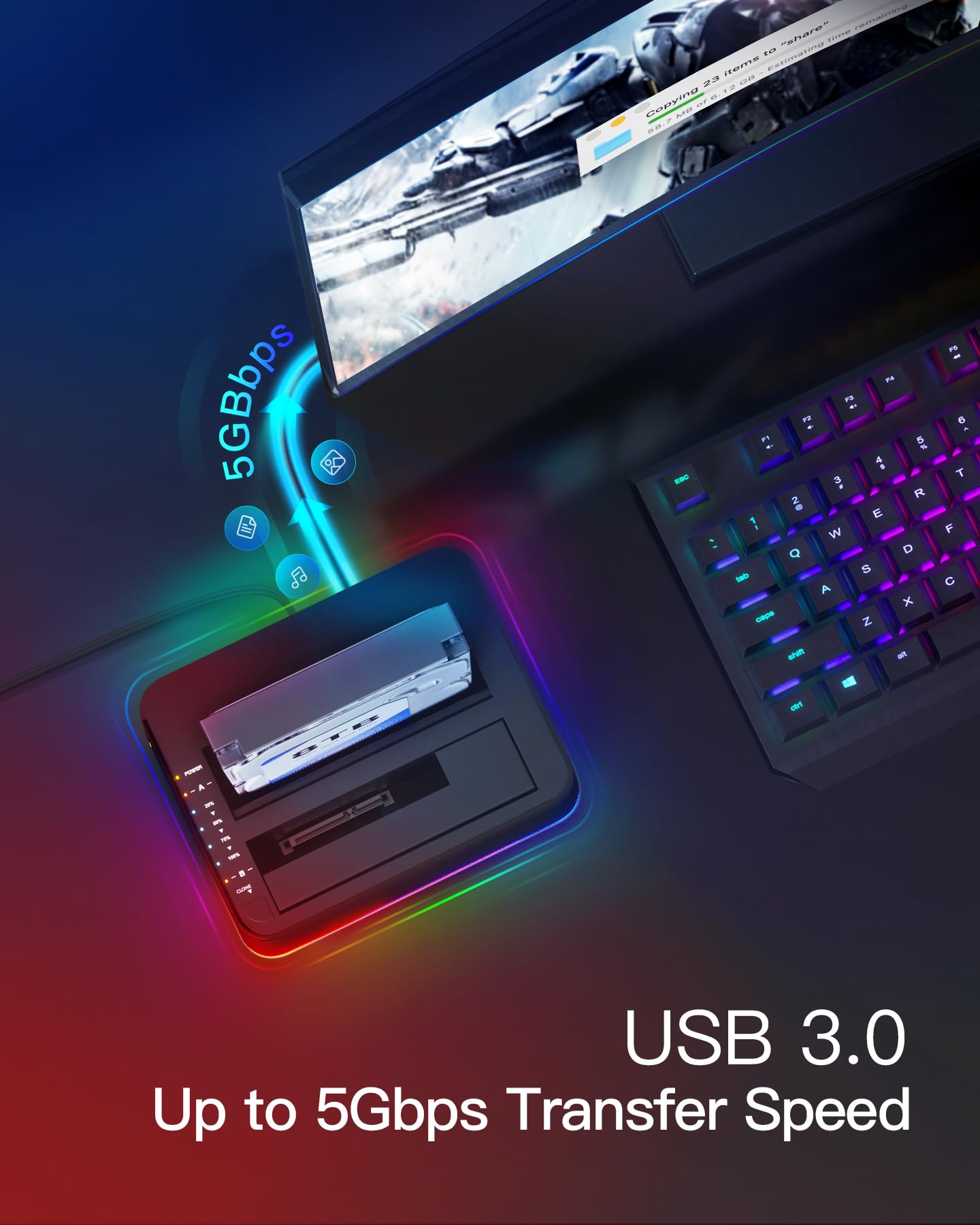 Inateck Rgb Usb 3.0 Usb C Port Hard Drive Docking Station With Offline Cloning, For 2.5/3.5 Inch Sata Hdds And Ssds, 2 X 20Tb Du