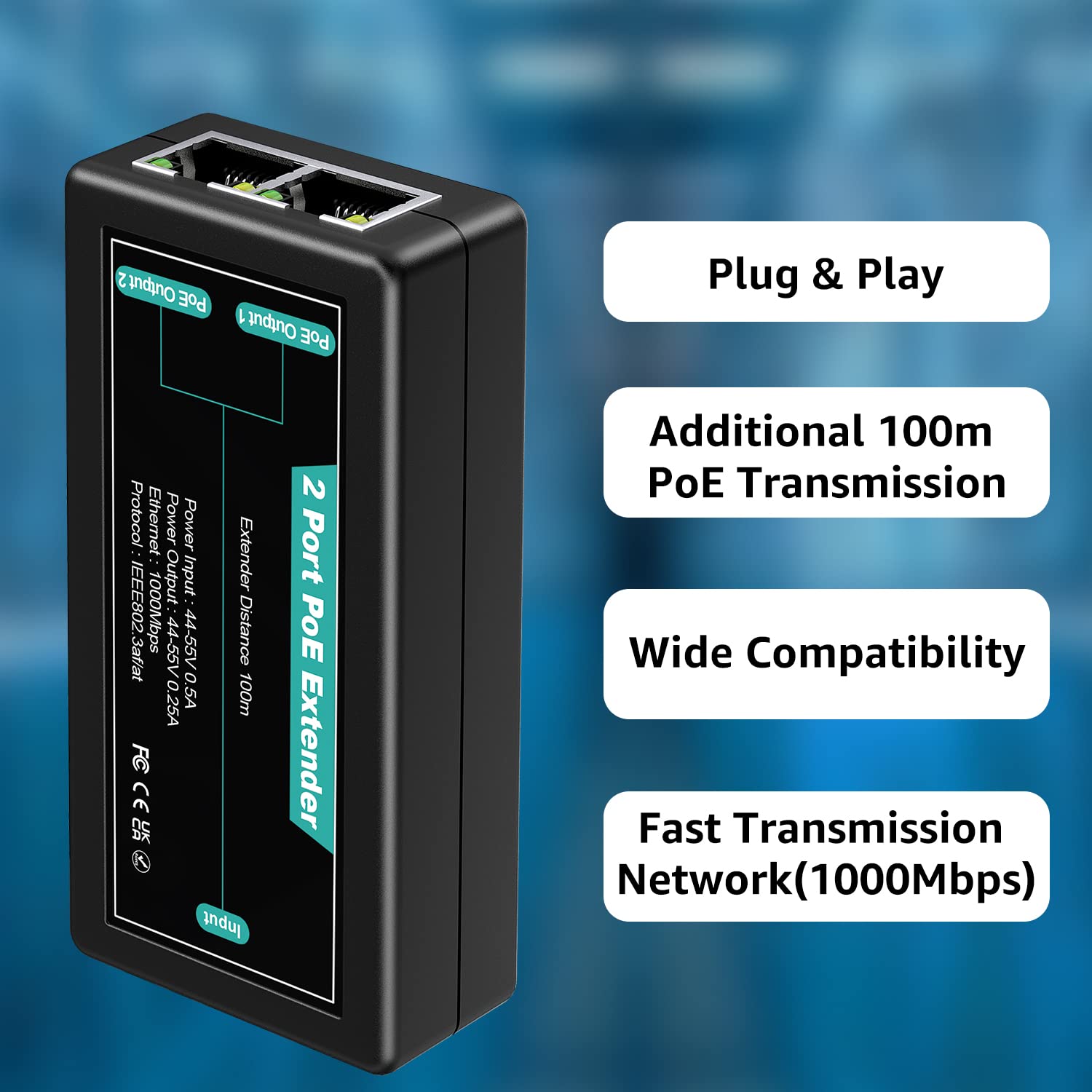 Vimin 2 Port Gigabit Poe Extender, 1 In 2 Out Indoor Poe Repeater Support Ieee802.3Af/At With 1000Mbps, Extend Additional 100M(3