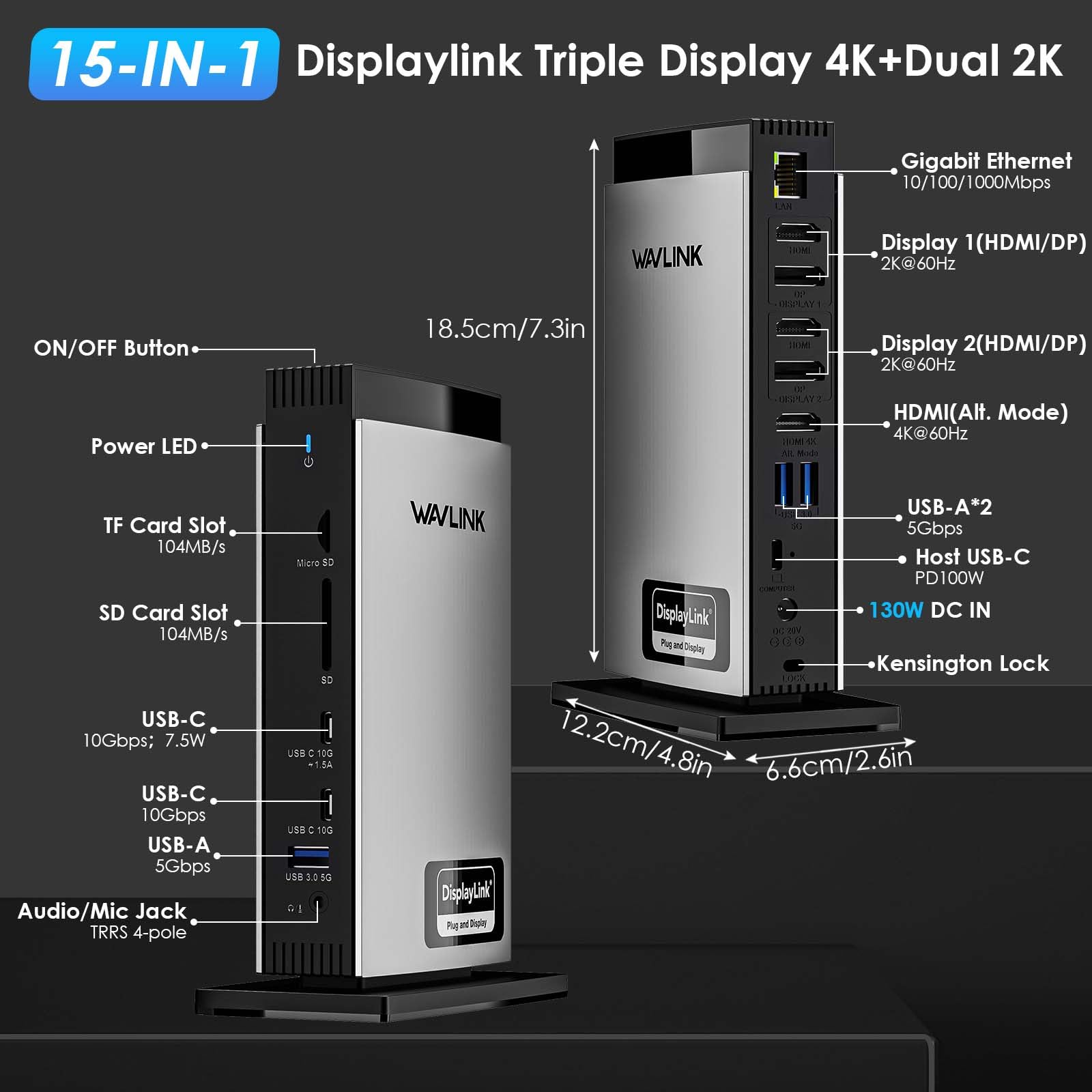 Wavlink Usb C Docking Station With 3 Hdmi, 15 In 1 Laptop Dock Triple Monitor 4K+Dual 2K, 100W Charging For M1 M2 M3 Mac And Windows, 5 Usb Ports, 2Dp, 1Gbps Ethernet Port, Audio/Mic, Sd/Tf