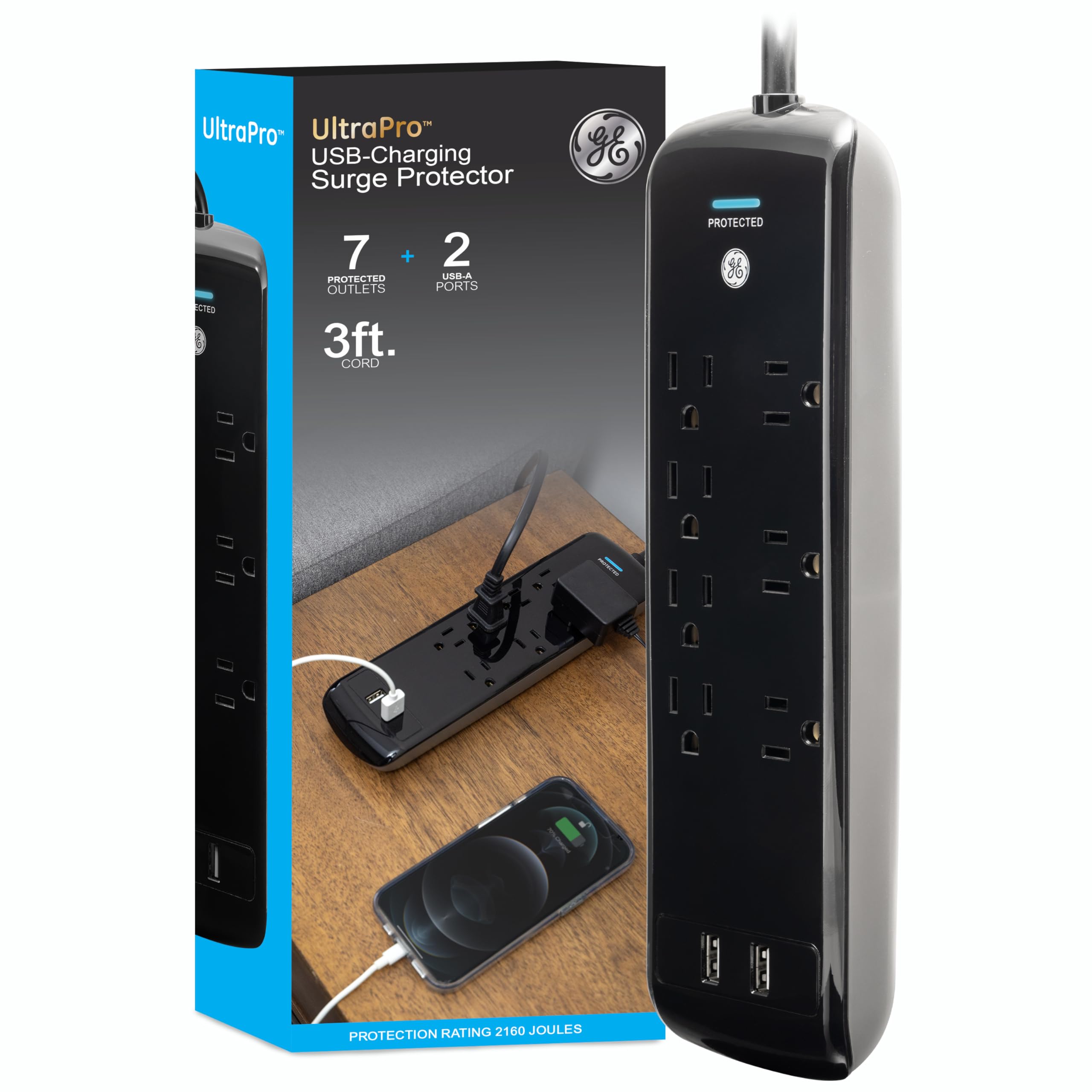 Ge Pro 7 Outlet Surge Protector, 2 Usb Ports, 3 Ft Extension Cord, 1780 Joules, 2.1 Amp/10 Watt, 3 Adapter Spaced Outlets, Flat 
