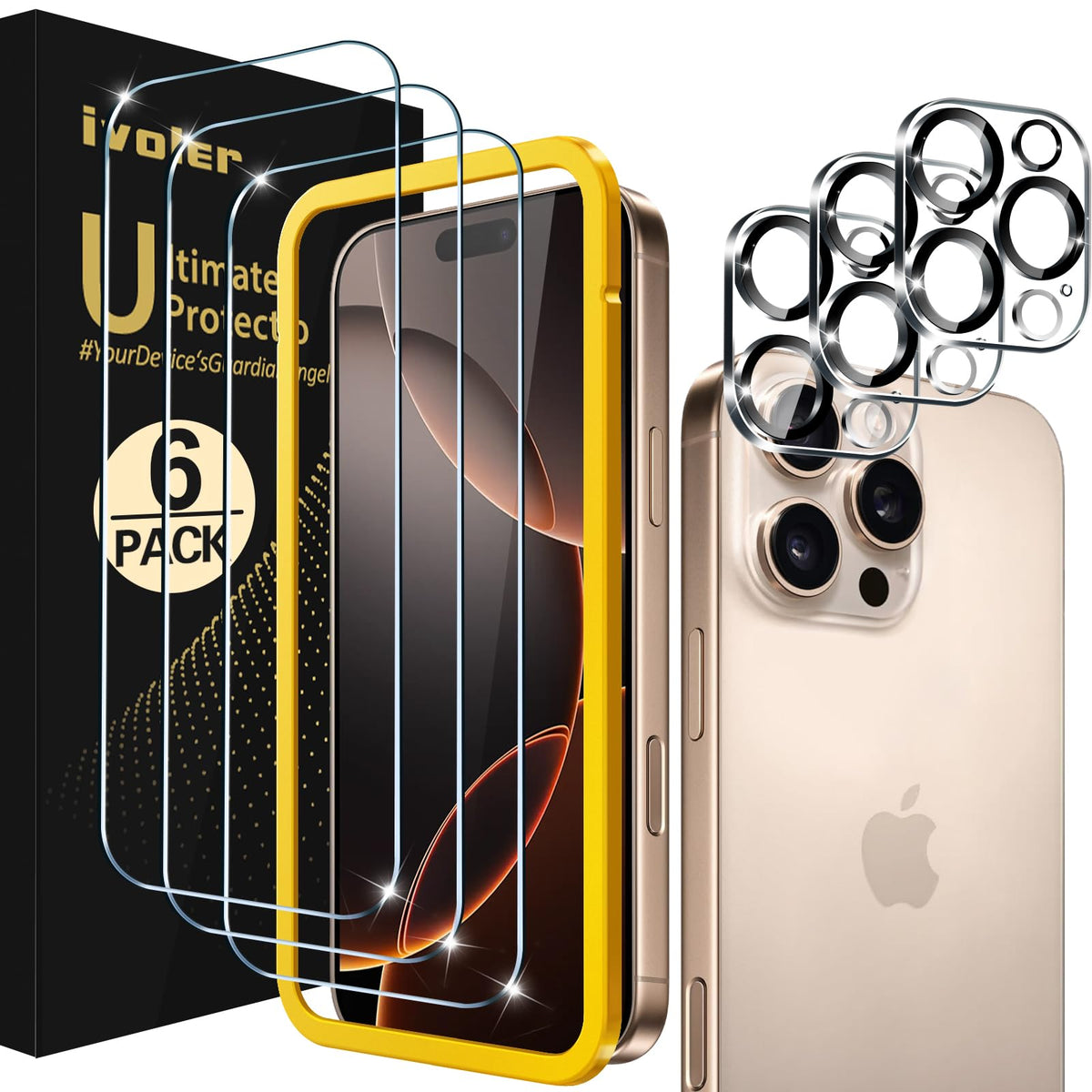 Ivoler 3+3 Pack Tempered Glass For Iphone 16 Pro 6.3'' Screen Protector [3 Pack] With [3 Pack] Camera Lens Protector With [Align