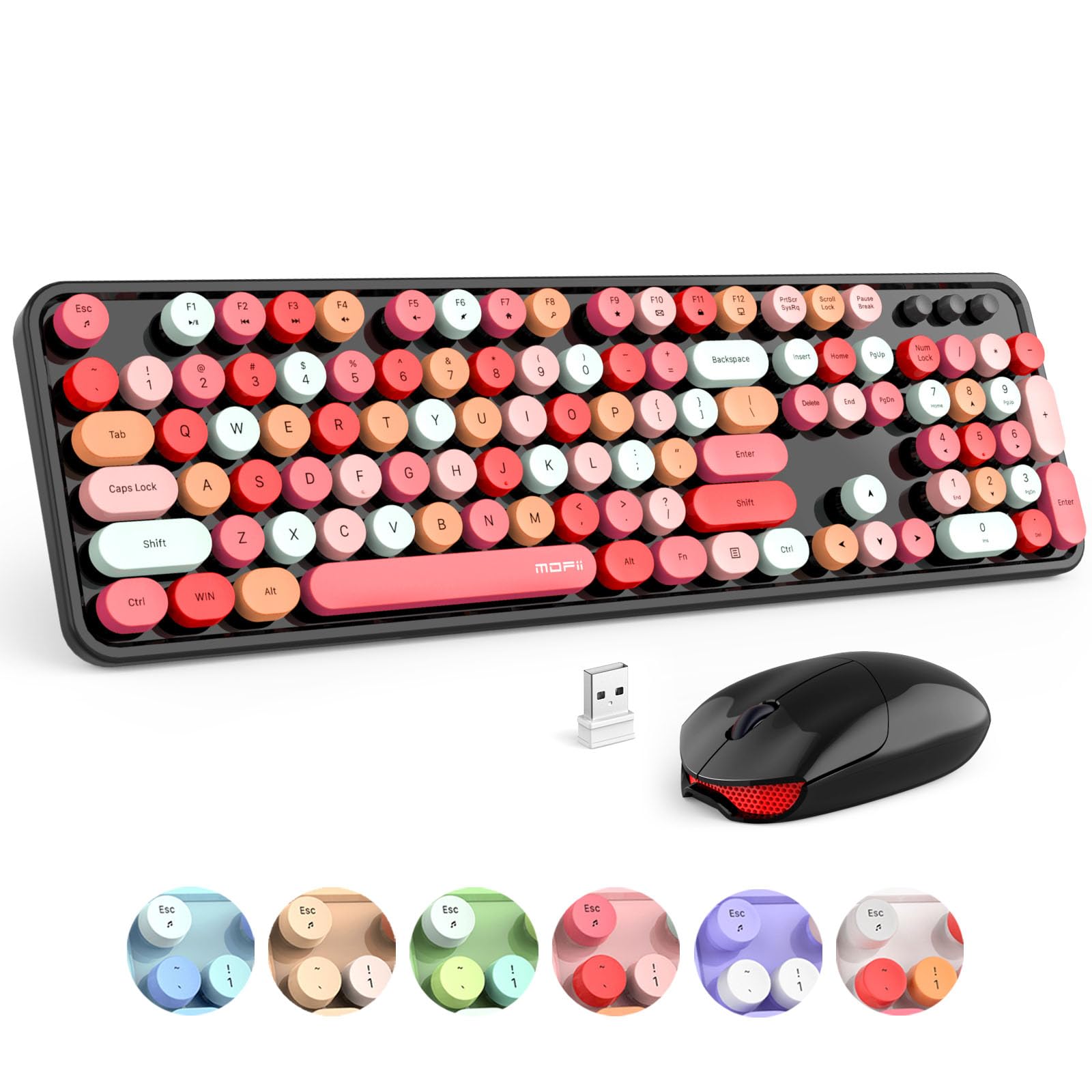 Mofii Wireless Keyboard And Mouse Combo, Black Colorful 2.4Ghz Full Size Keyboard With Round Keycaps, Retro Wireless Keyboards,