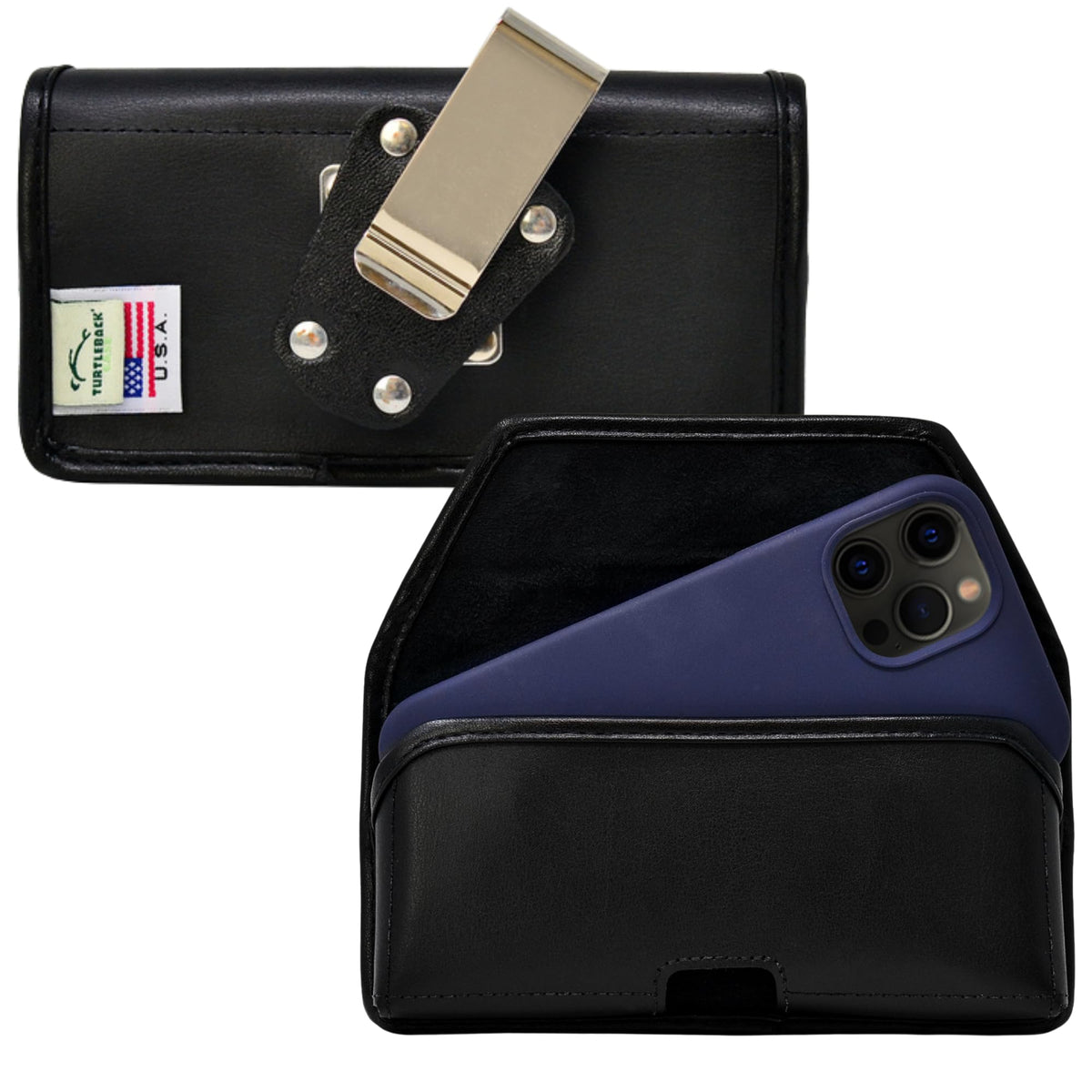 Turtleback Premium Leather Phone Holster for iPhone 14/14 Pro, 13/13 Pro, 12/12 Pro, Small – Black Phone Belt Holder Fits Slim Cases – Phone Holster with Exclusive Metal Belt Clip