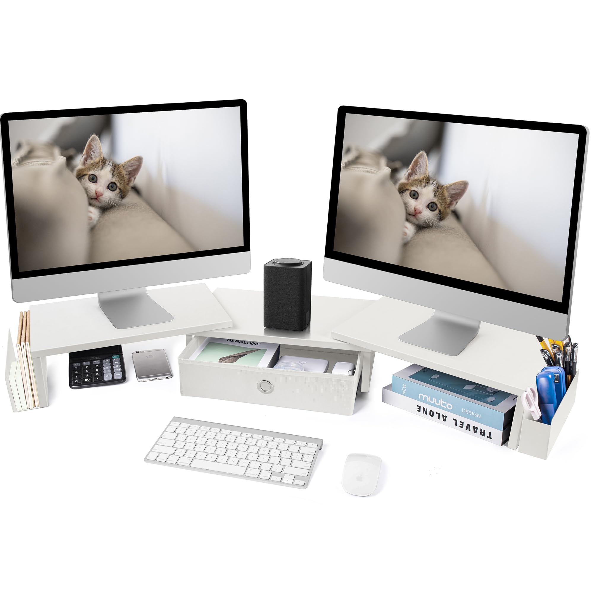 Ruilalife Dual Monitor Stand Riser W/ Drawer & Metal Leg, Large White Computer Monitor Riser W/ Storage For 2 Monitors, Desk She