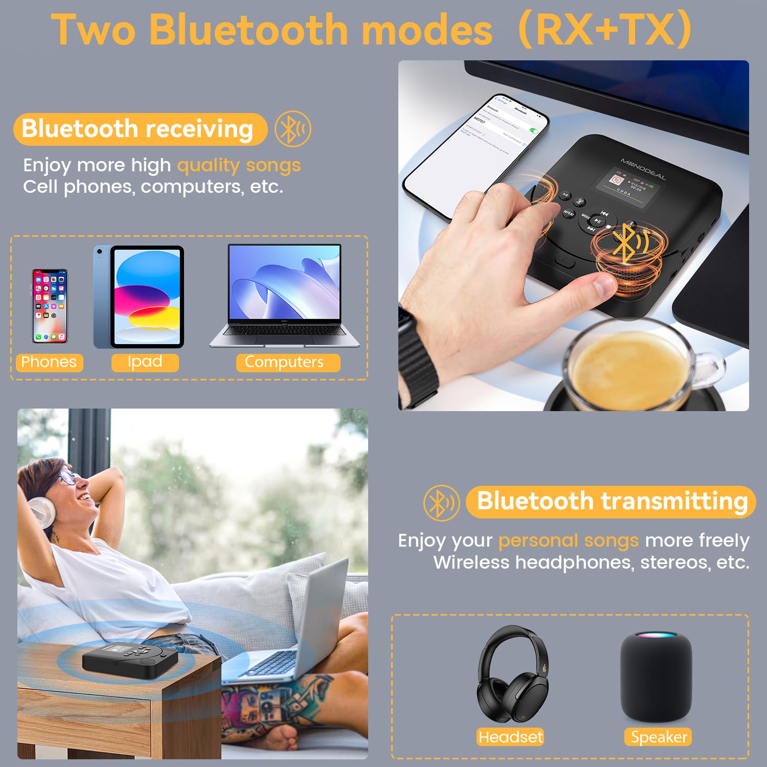 Cd Player Portable,Monodeal Bluetooth Cd Player With Speakers And Fm Transmitter,Support Tf Card,Rechargeable Cd Player For Car/Home With 2.0� Tft Screen