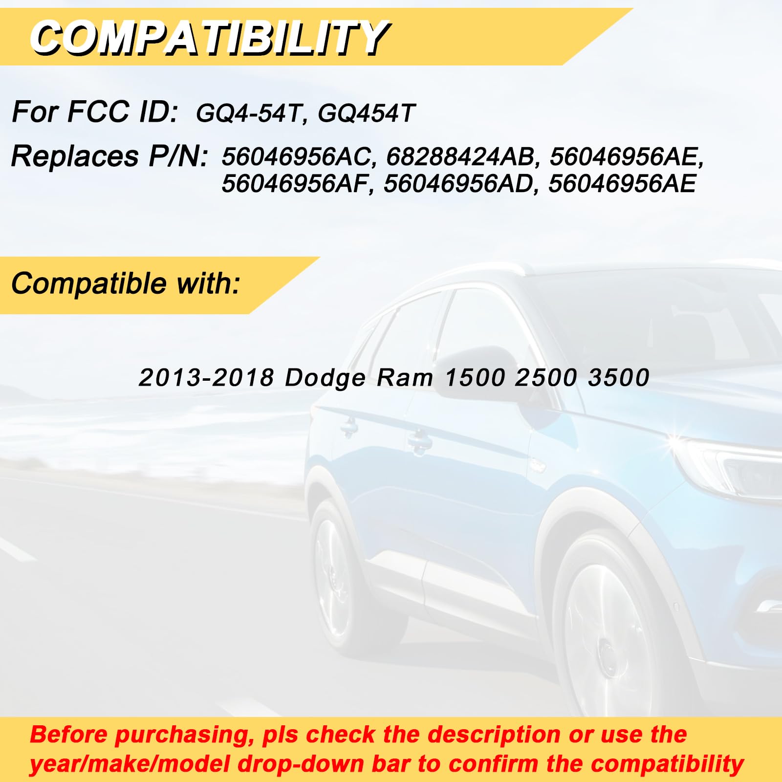 Vurkcy Key Fob Replacement For 2013-2018 Dodge Ram 1500 2500 3500 Car Keyless Entry Remote Control, Gq4-54T Gq454T, 4 Buttons