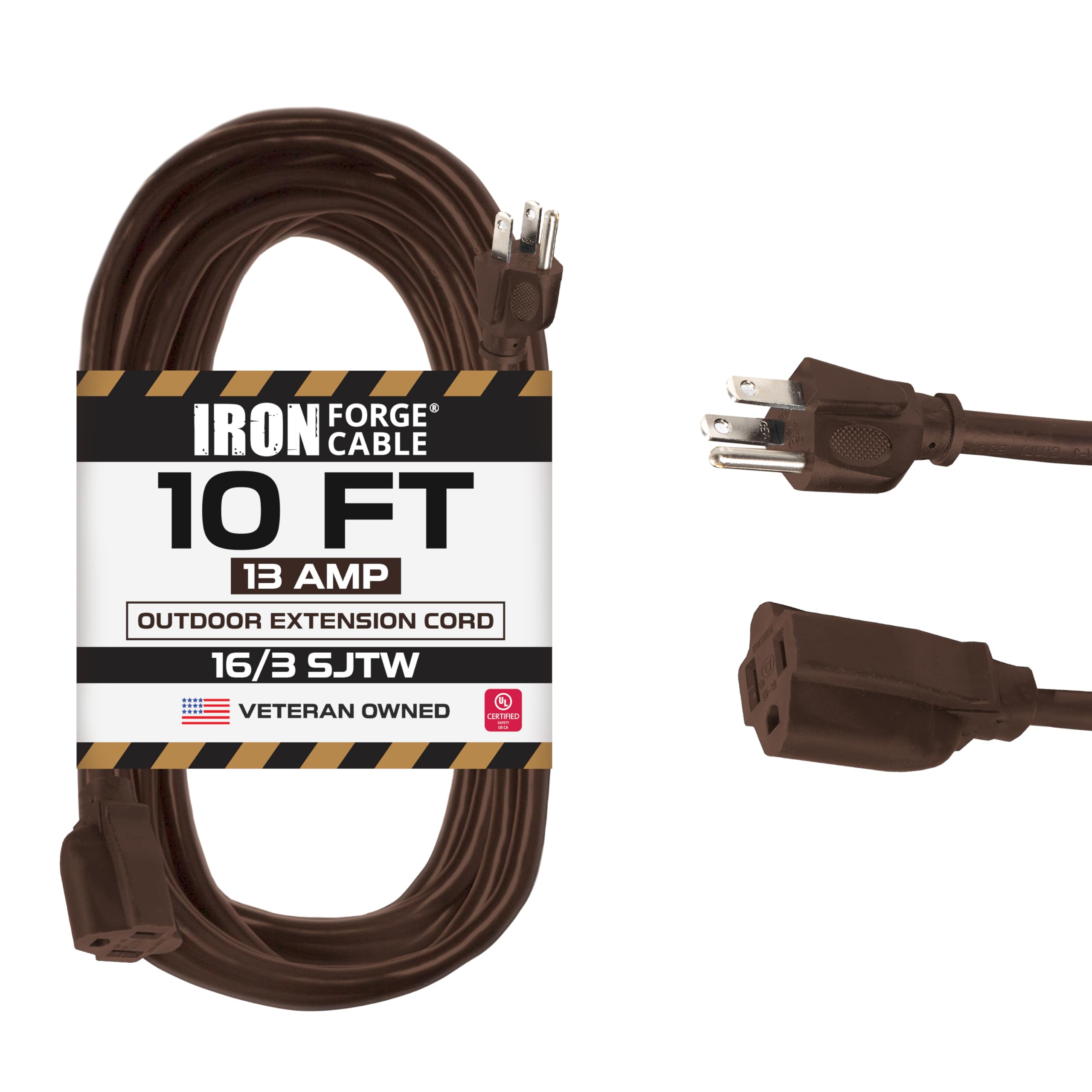 Iron Forge Cable Outdoor Extension Cord 10 Ft, 16/3 Sjtw 10 Foot Dark Brown Exterior Extension Cord 3 Prong, Weatherproof 13 Amp