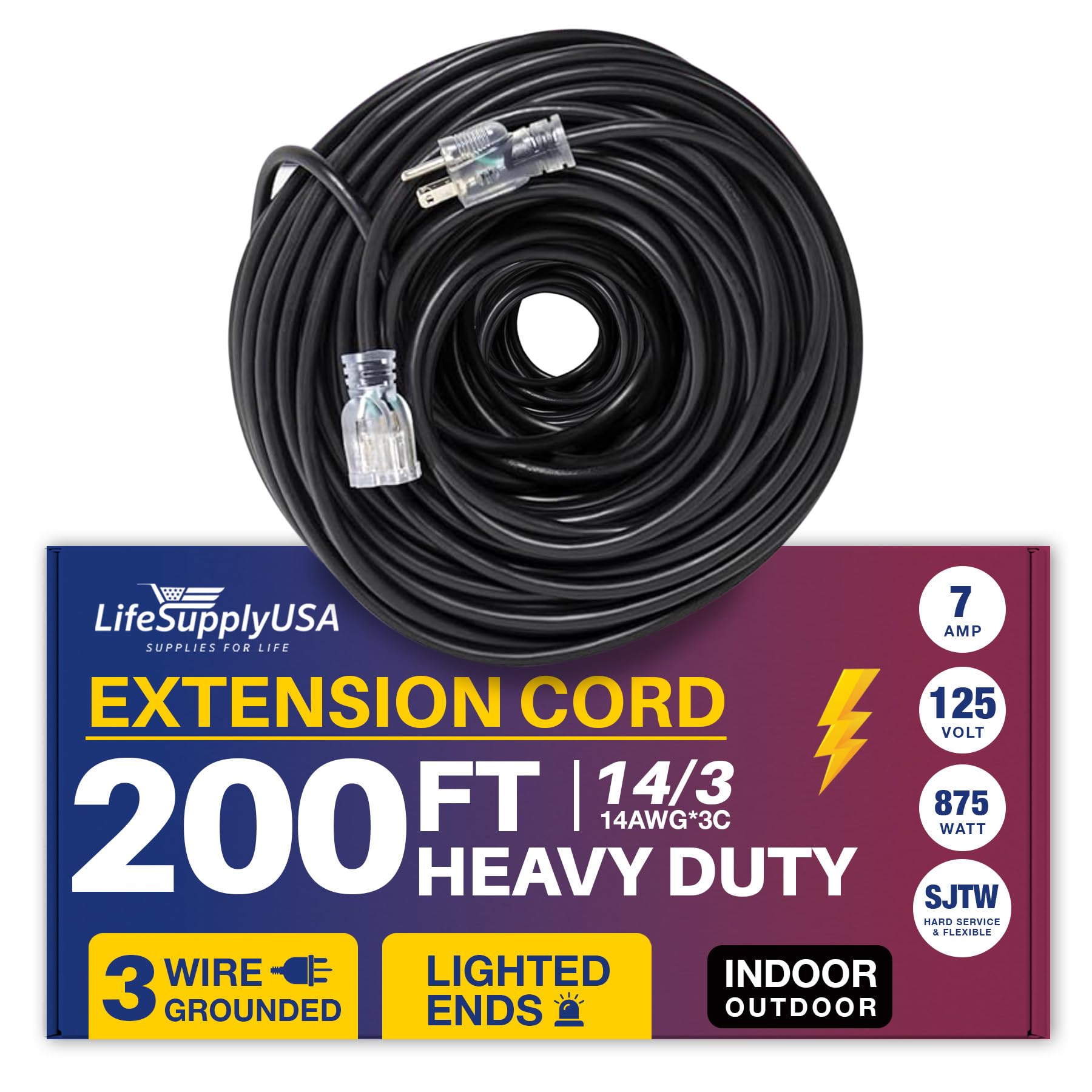 200Ft Power Outdoor Extension Cord & Indoor   Waterproof Electric Drop Cord Cable   3 Prong Sjtw, 14 Gauge, 7 Amp, 125 Volts, 87