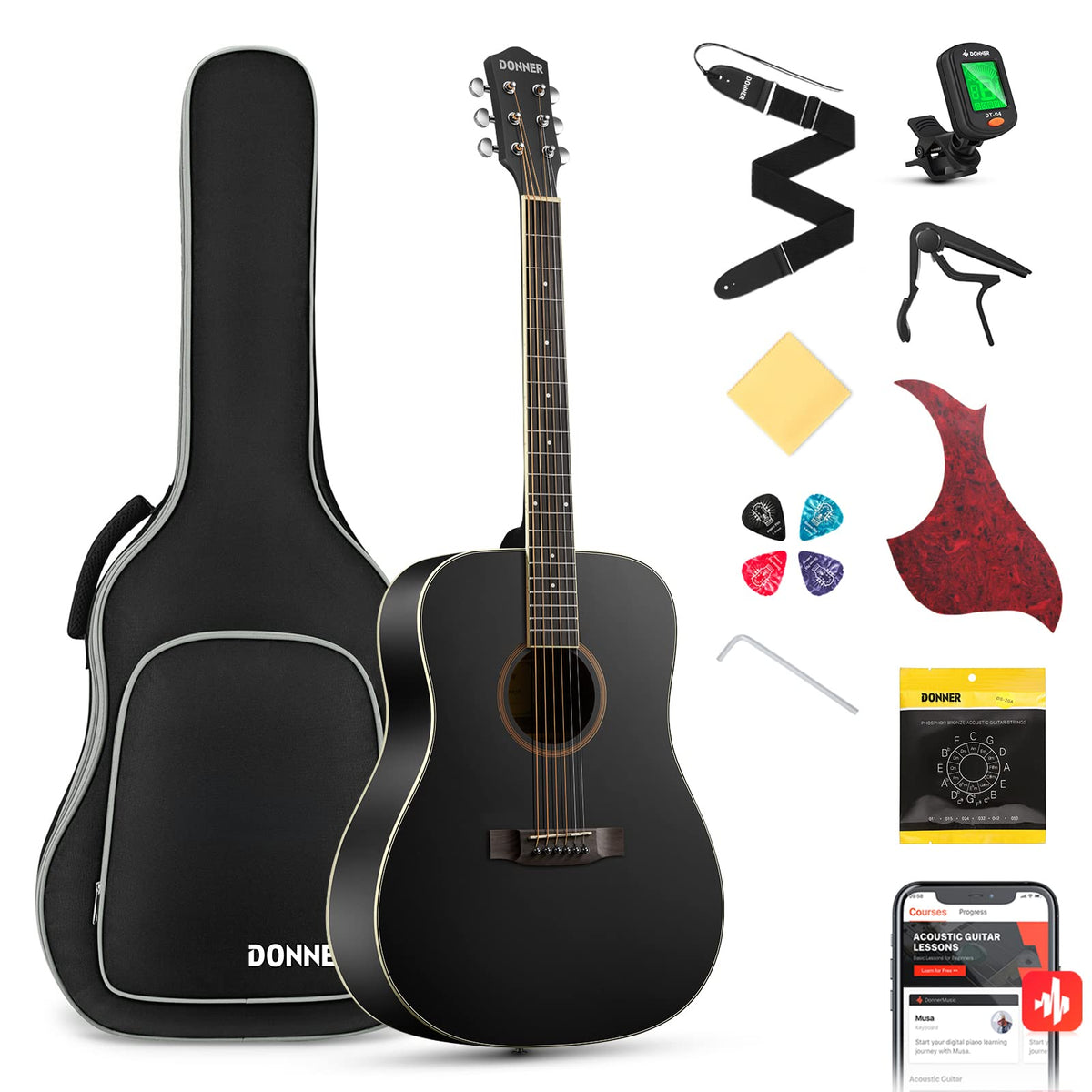 Donner 41'' Full Size Acoustic Guitar - Complete Beginner Kit for Adults, Teens with Free Online Lesson, Dreadnought Acustica Gu