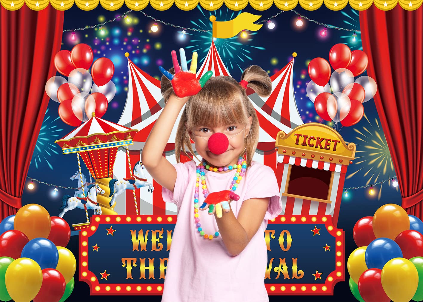 7X5Ft Carnival Circus Backdrop Circus Tent Party Backdrop Carousel Ticket Booth Background Child Kid Boy Baby 1St Birthday Carni