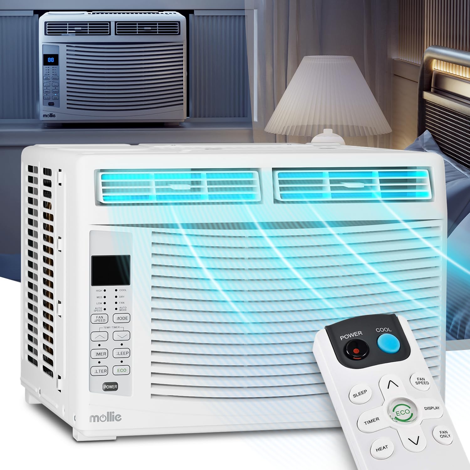 Mollie 6000 Btu Window Air Conditioner, Ac Window Unit With Washable Filter, Remote, Dehumidifier, Fan, Cools Up To 250 Square F