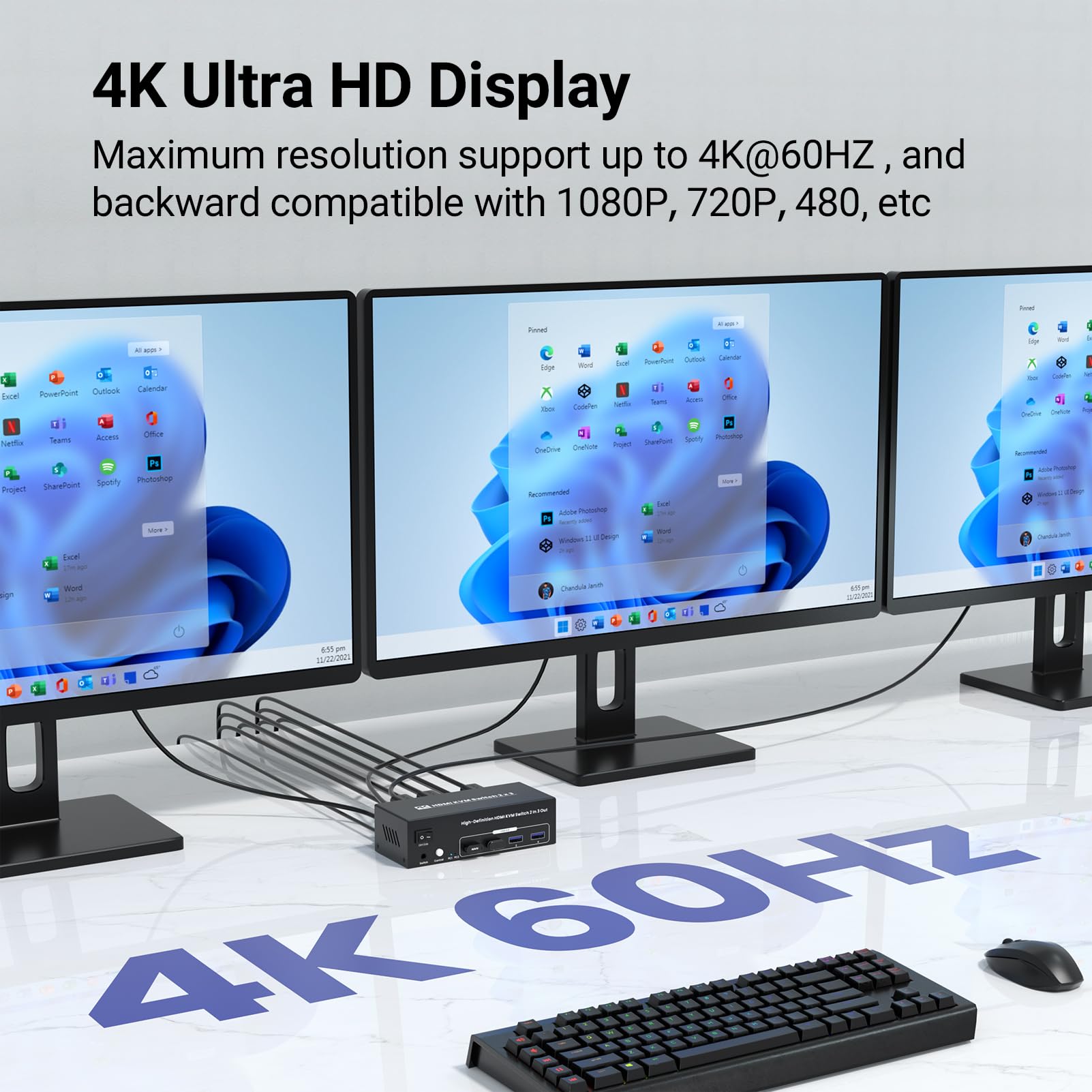 4K/60Hz Hdmi Kvm Switch 2 Computers 3 Monitors, 2 Port Hdmi Kvm Switcher 2 In 3 Out For 2 Pc Share 3 Monitors And 4 Usb 3.0 Port