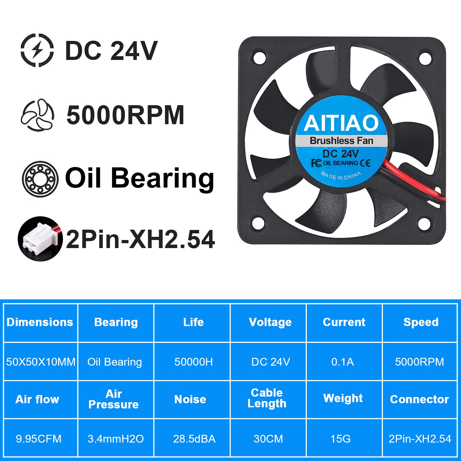Aitiao 6Pcs 5010 Fan 24V Dc Brushless Cooling Fan 50Mm Oil Bearing Fan 50Mmx10Mm 3D Printer Silent Brushless Cooling Fan With 2P