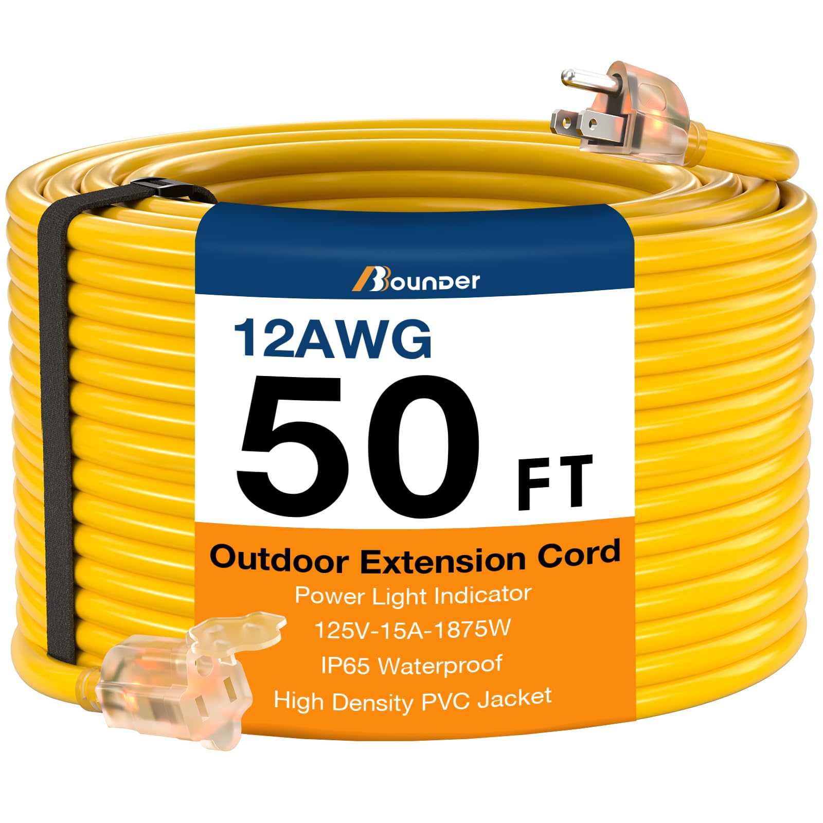Bbounder Outdoor Extension Cord 50 Ft Waterproof, 12/3 Sjtw Heavy Duty 15A 1875W, Flexible 100% Copper 3 Prong Cords For Commerc
