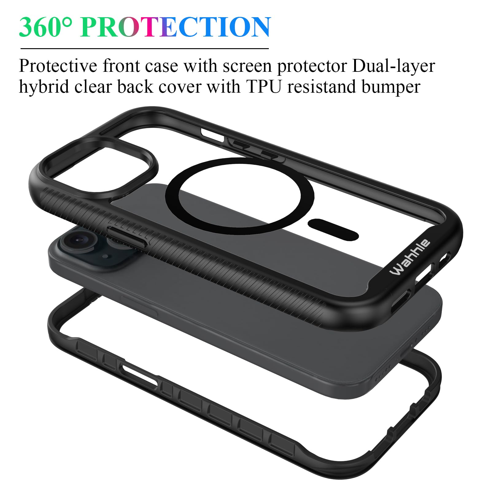 Wahhle Compatible With Iphone 15 Plus Case, Magnetic Wireless Charging Built In Screen Protector Full Body Shockproof Slim Fit B