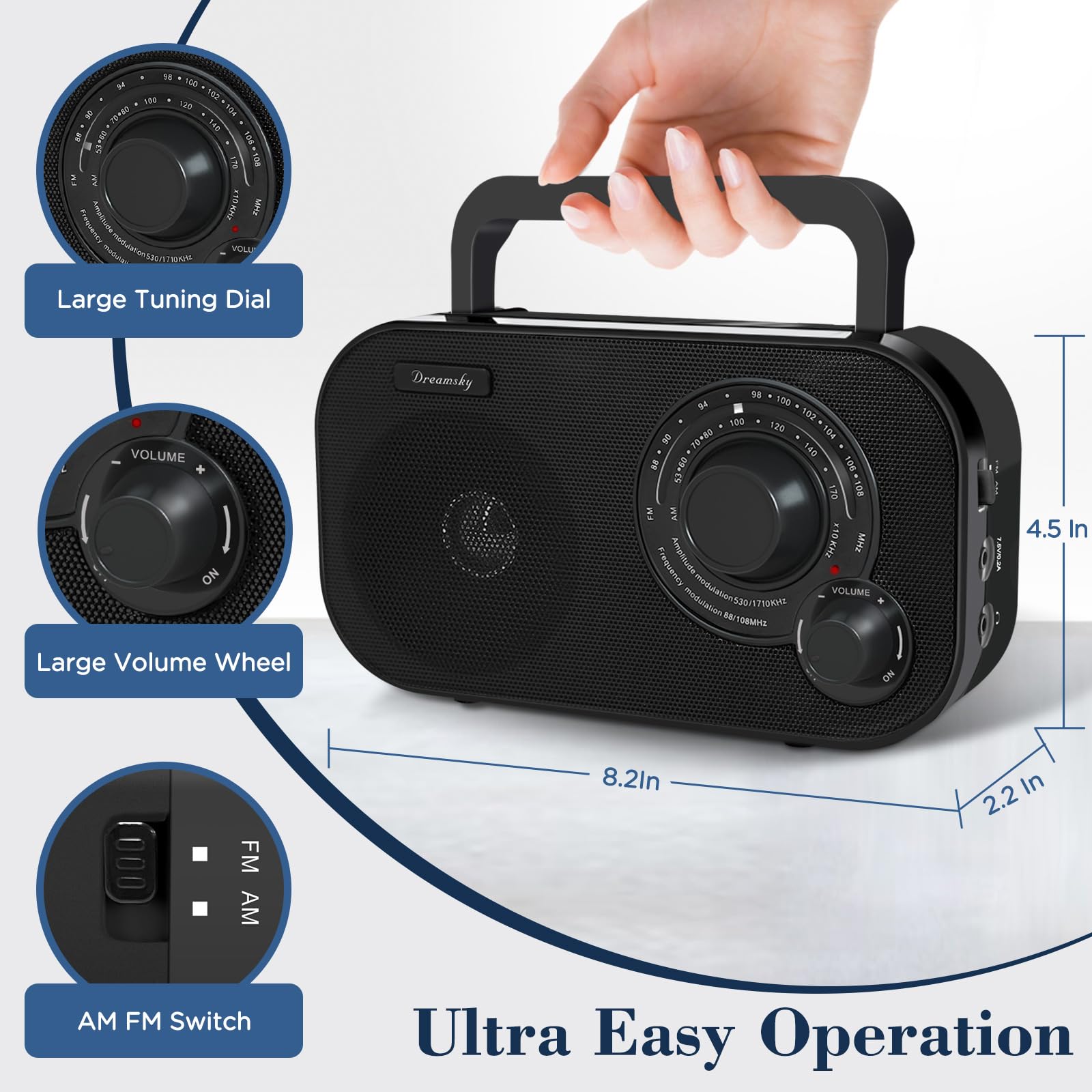 Dreamsky Am Fm Portable Radio Plug In Wall Or Battery Operated For Home & Outdoor, Strong Reception, Large Dial Easy To Use, Tra