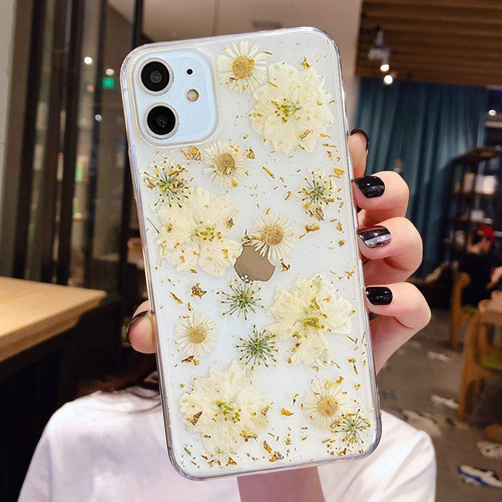 Abbery Designed For Iphone 11 Pressed Flower Case Cute Bling Glitter Sparkle Clear With Design Soft Silicone Tpu Rubber Dried Re