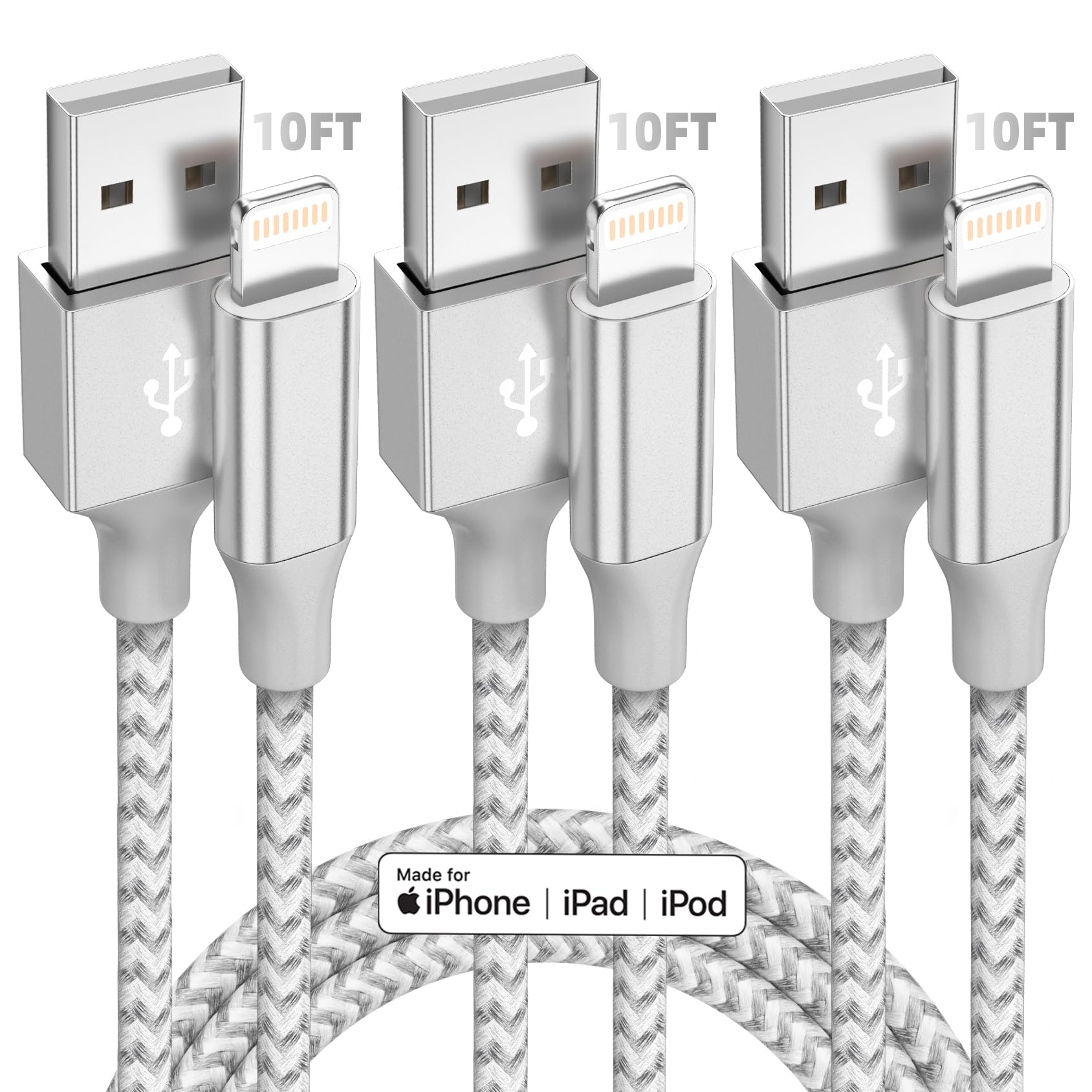 Iphone Charger [Apple Mfi Certified] 3Pack 10Ft Long Lightning Cable Fast Charging High Speed Data Sync Usb Cable Compatible Iphone 13/12/11 Pro Max/Xs Max/Xr/Xs/X/8/7/Plus/6S (Grey White)