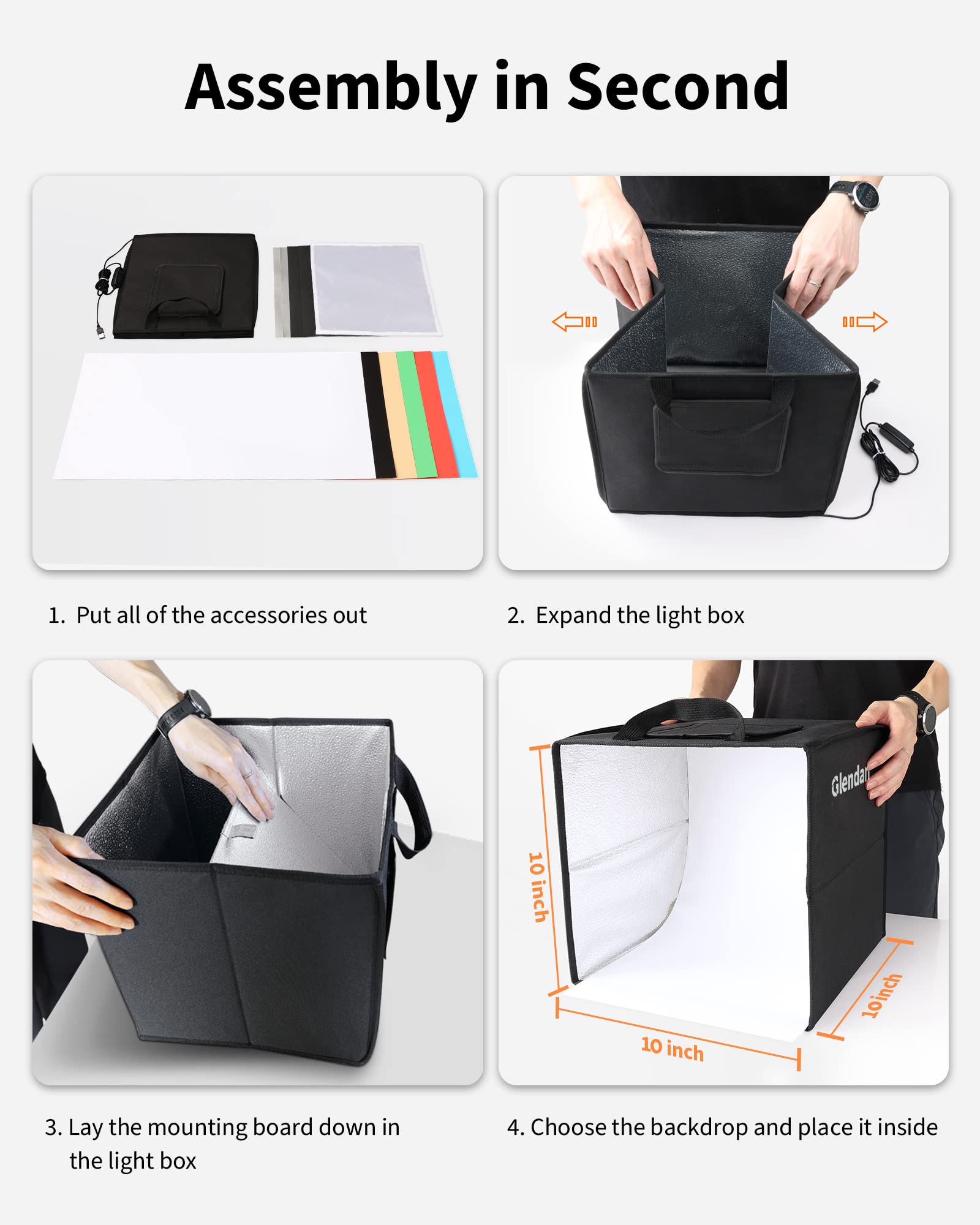 Glendan Light Box Photography, 10''X10'' Photo Box With 88 High Color Rendering Index Led Lights, 6 Color Pvc Backdrops, 4 Refle