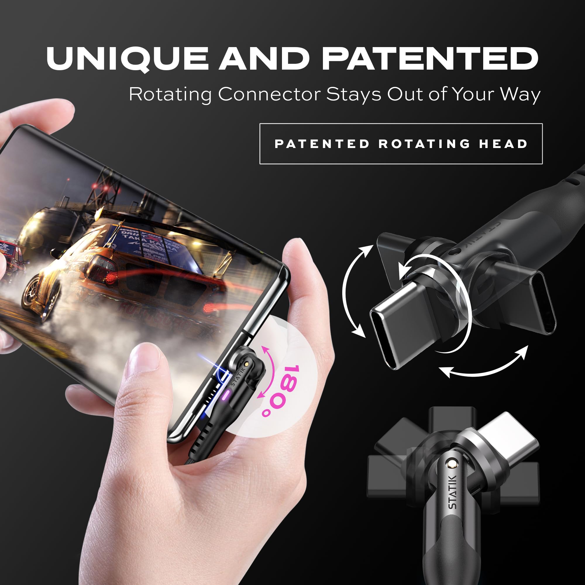 Statik Powerpivot 12W Globright Right Angle Charging Cable, Light Up Charging 90 Degree Swivel Head Cable, Led Glowing Usb C Cha