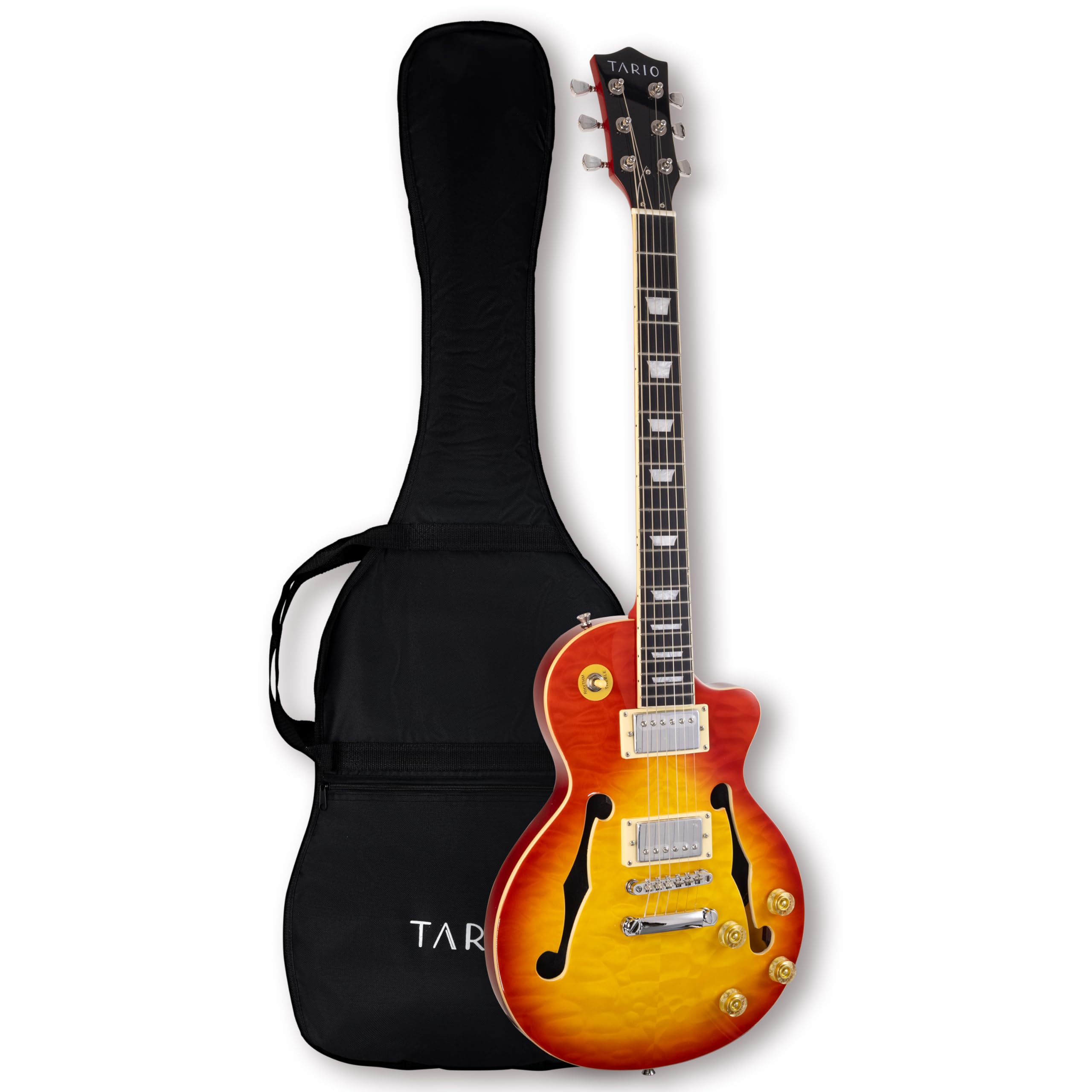 Tario Electric Guitar Cherryburst Semi Hollowbody Quilted Maple Top Okoume Body Maple Neck With Bag