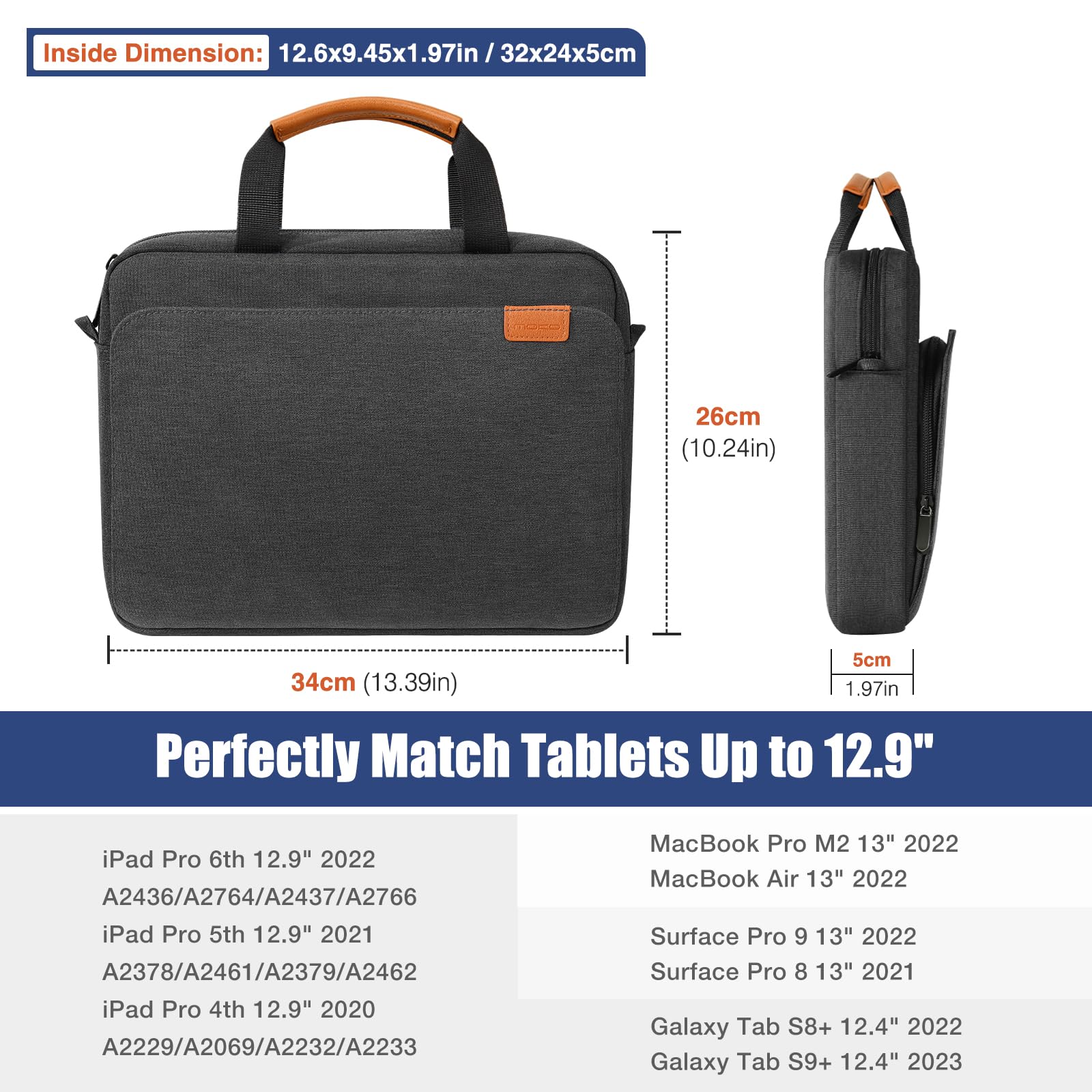 MoKo 12.9 Inch Tablet Sleeve Case Fits 13 Inch New iPad Pro M4 & Air M2 2024,iPad Pro 12.9 M2&M1,Surface Laptop Go 12.4,Galaxy Tab S8+/S9+ 12.4,Multi Functional Pockets with Shoulder Strap,Black&Gray