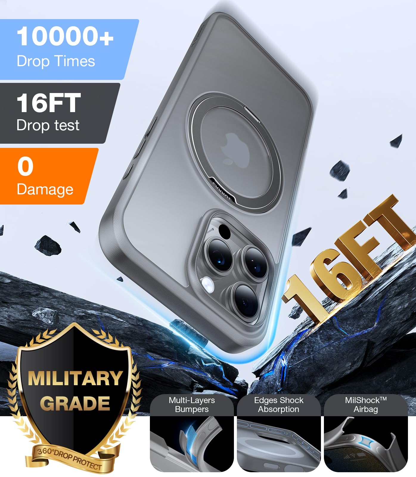 Torras 360Rotatable Magnetic For Iphone 16 Pro Case 6.3 Inch, Fit For Magsafe 16 Pro Phone Case, 16Ft Military Grade Shockproof,