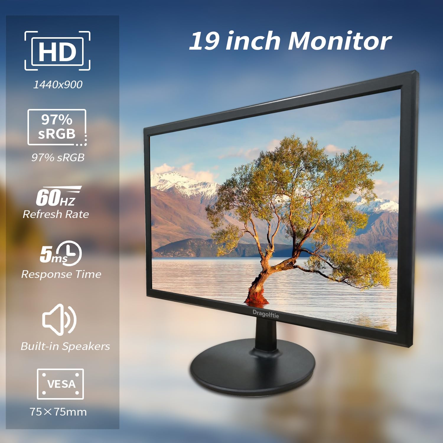 19 Inch Pc Desktop Monitor 1440X900, Dual Built-In Speakers, 60Hz, 5Ms, Computer Display Low-Blue Light Led Monitors, Hdmi, Vga,