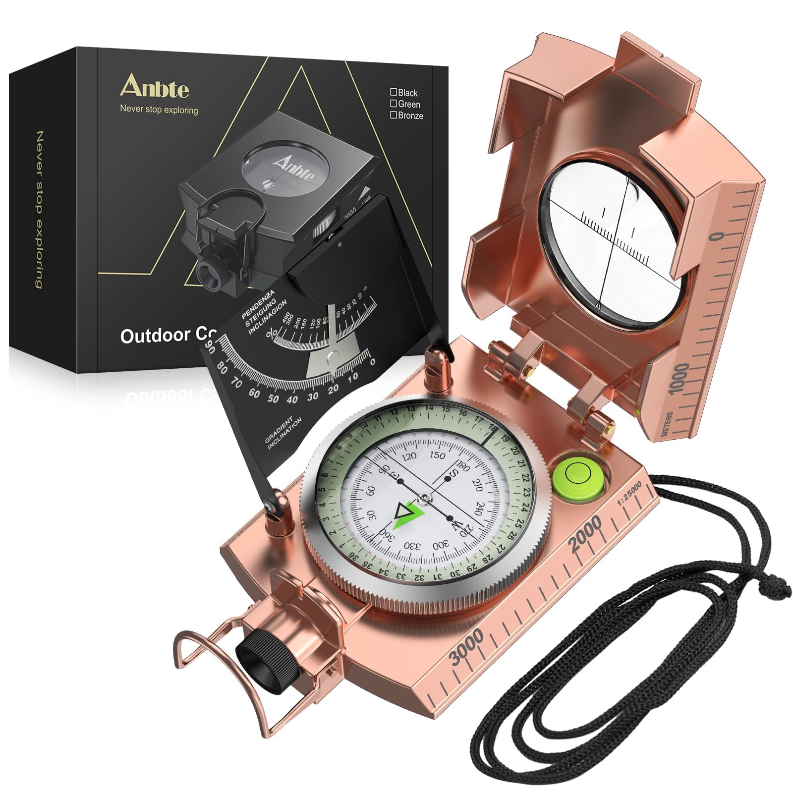Anbte Hiking Compass, IP65 Waterproof Metal Compass with Sighting Clinometer, Compass Hiking Survival with Carry Bag Multifuncti