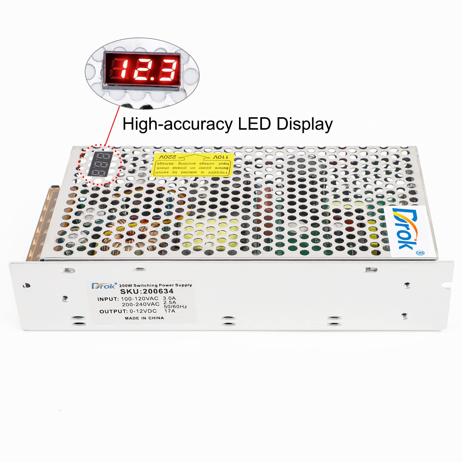 Drok 12V Power Supply, Ac 110V 220V To Dc 0 12V 17A 200W Buck Converter, Adjustable Variable Led Adapter Regulated 5V 9V 12V Vol