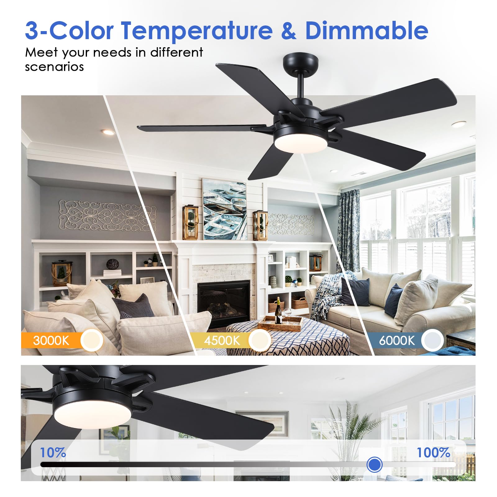 Chesur Ceiling Fans With Lights   52 Inch Black Low Profile Ceiling Fan With Remote Control, 3Cct Dimmable Lighting, 6 Speeds Re