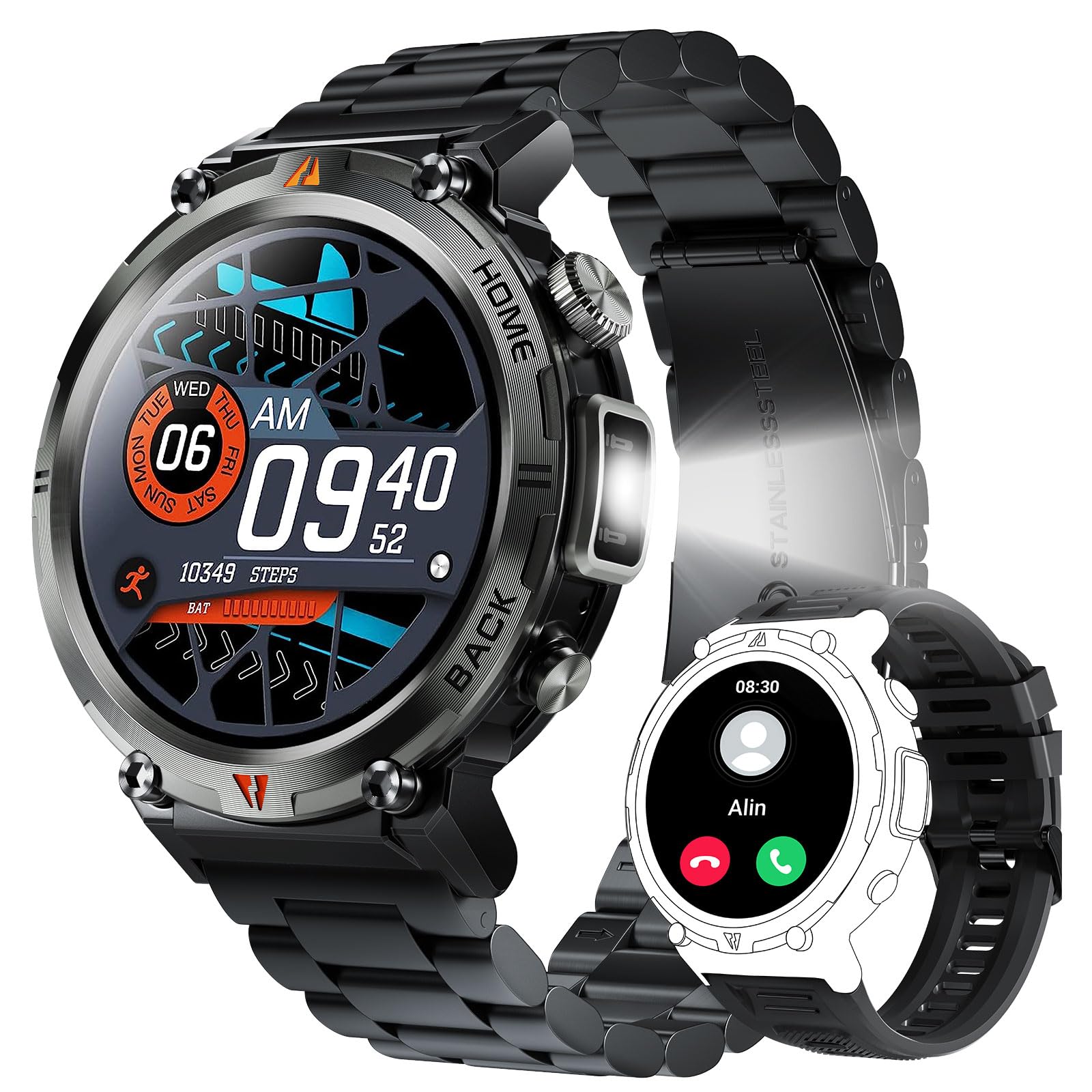 Military Smart Watch For Men With Led Flashlight 1.45    Rugged 3Atm Waterproof Smart Watch With 100+ Sports Modes Fitness Track