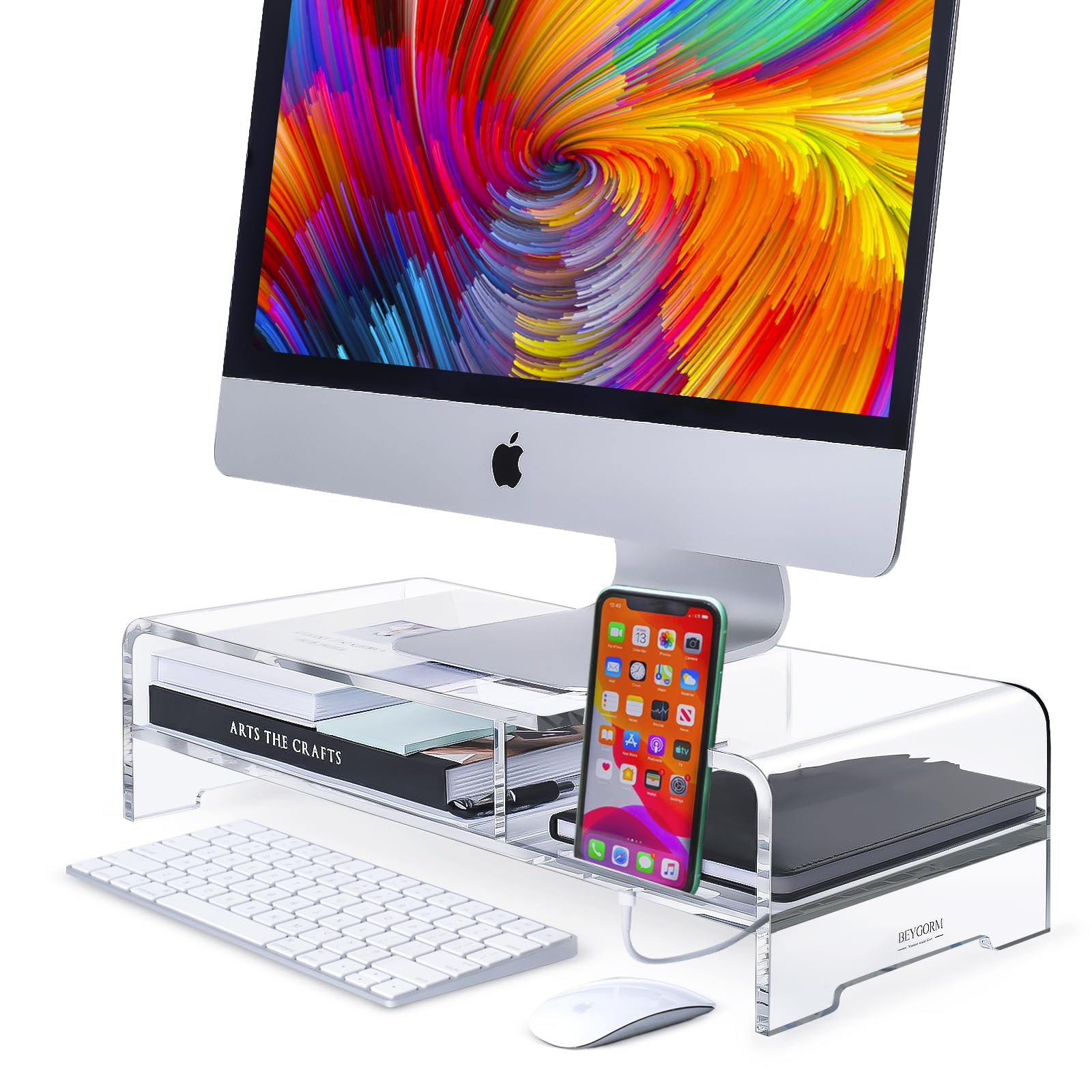 Beygorm Acrylic Monitor Stand Riser, Wide 20'', 2 Tier Computer With Storage, Desk Organizer Desktop Printer Laptop Storage Shel