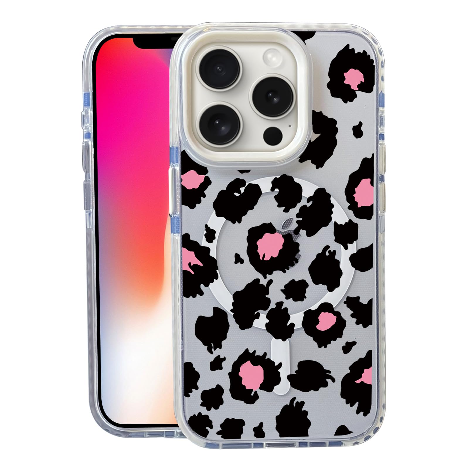 Nimeey Black Pink Leopard for iPhone 15 Pro Case,MagSafe Compatible,Matte Soft Slim Shockproof Cover,Anti-Fingerprint,Anti-Yello