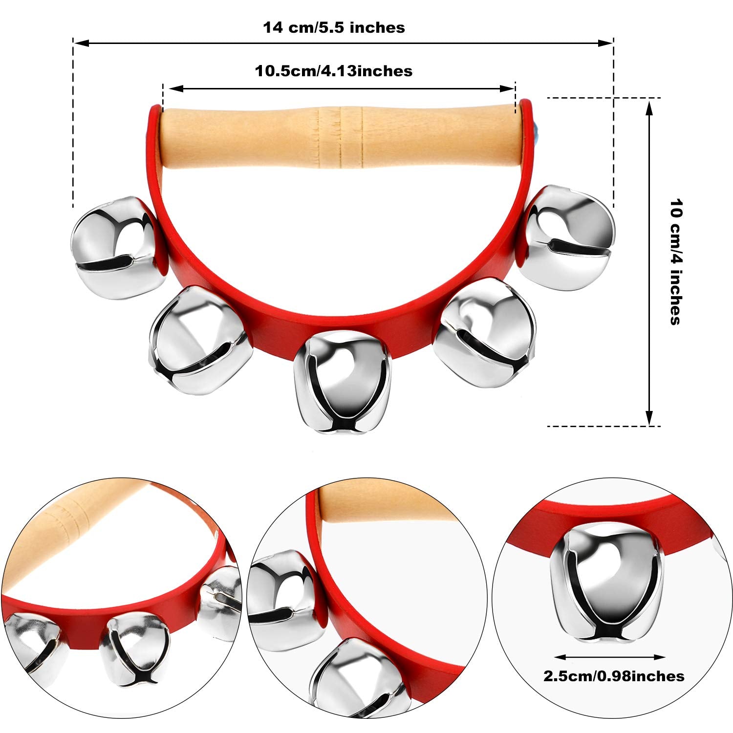 3 Pieces Red Christmas Sleigh Bells Jingle Gold Musical Instrument Wooden Handle Bells For Valentines(5 Bells)
