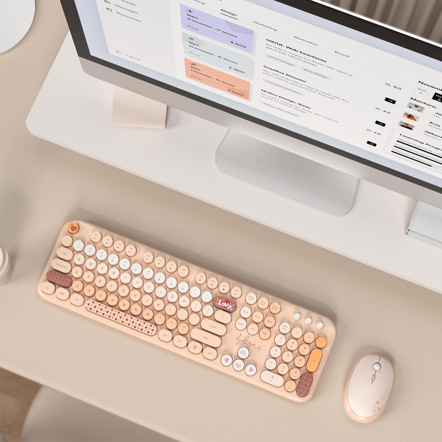 MOFII Wireless Keyboard and Mouse Combo Full Sized 104 Keys Round Keycap 2.4G USB Pale Coffee