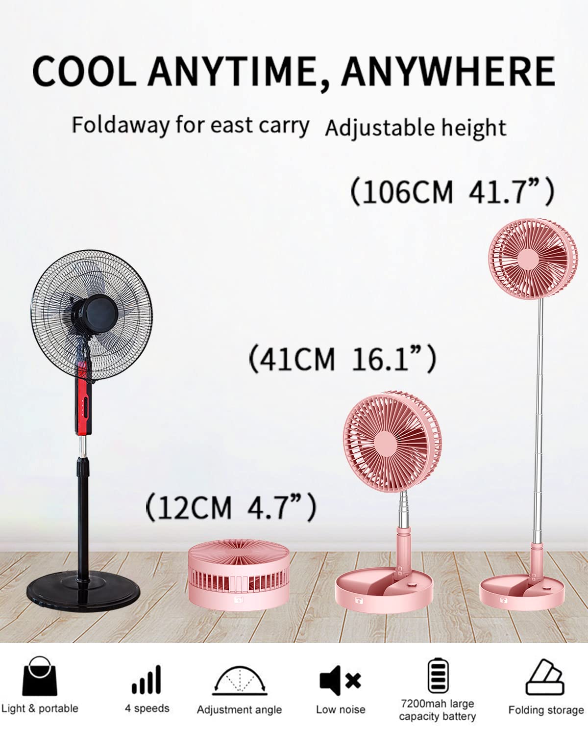 Un Unitedtime Desk And Table Fan, Foldable Fan Portable Travel Fans Battery Operated,Adjustable Height My Foldaway Fan With Remo
