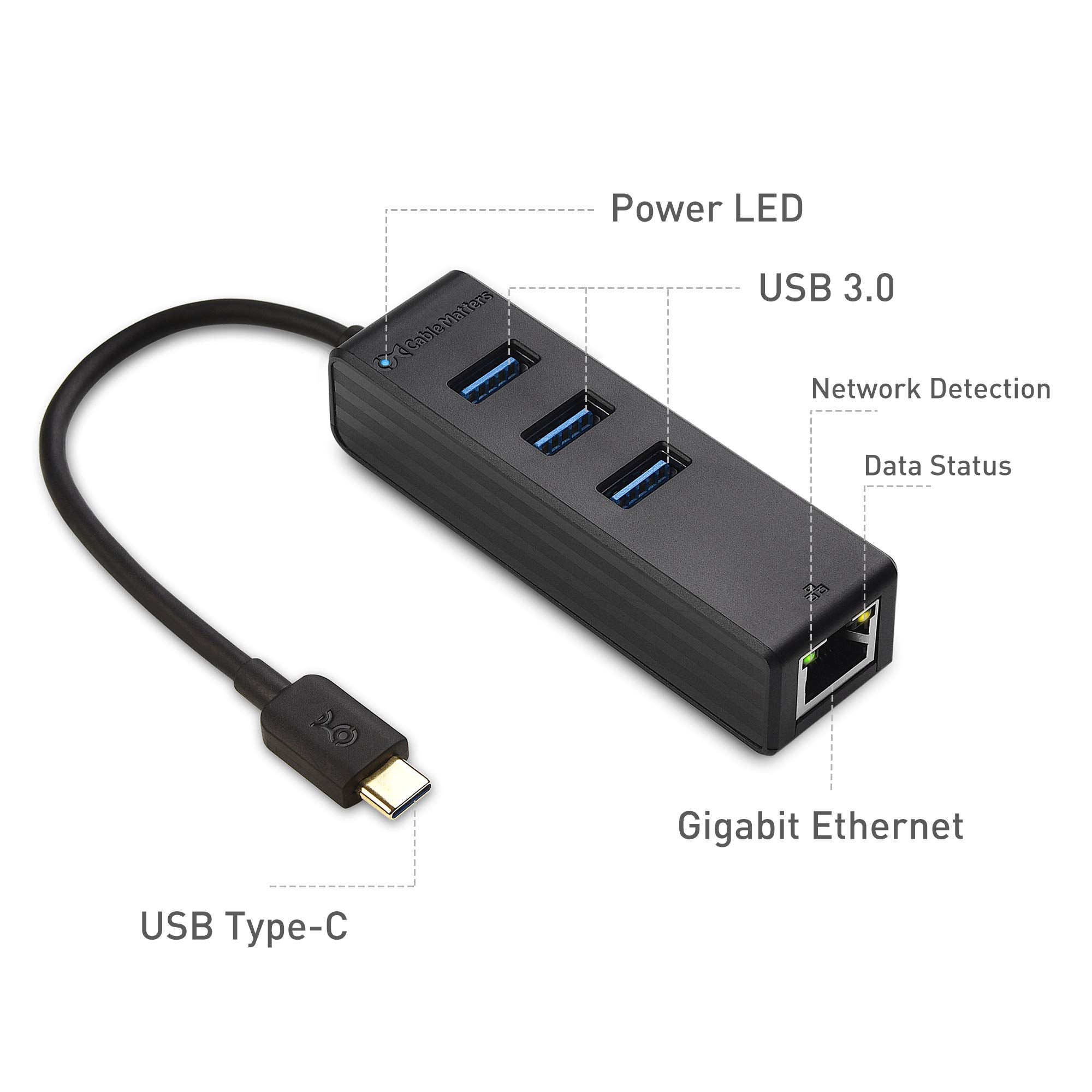 Cable Matters 4-in-1 USB C Hub Gigabit Ethernet 3-Port USB 3.0 Thunderbolt 3 Compatible Black