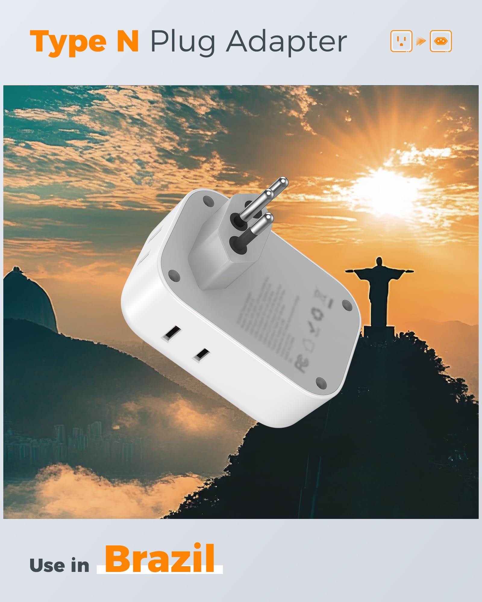 Tessan Brazil Plug Adapter 2 Packs, 7 In 1 Us To Brazil Power Adapter With 3 Usb Ports (1 Usb C Port) 4 American Outlets, Type N