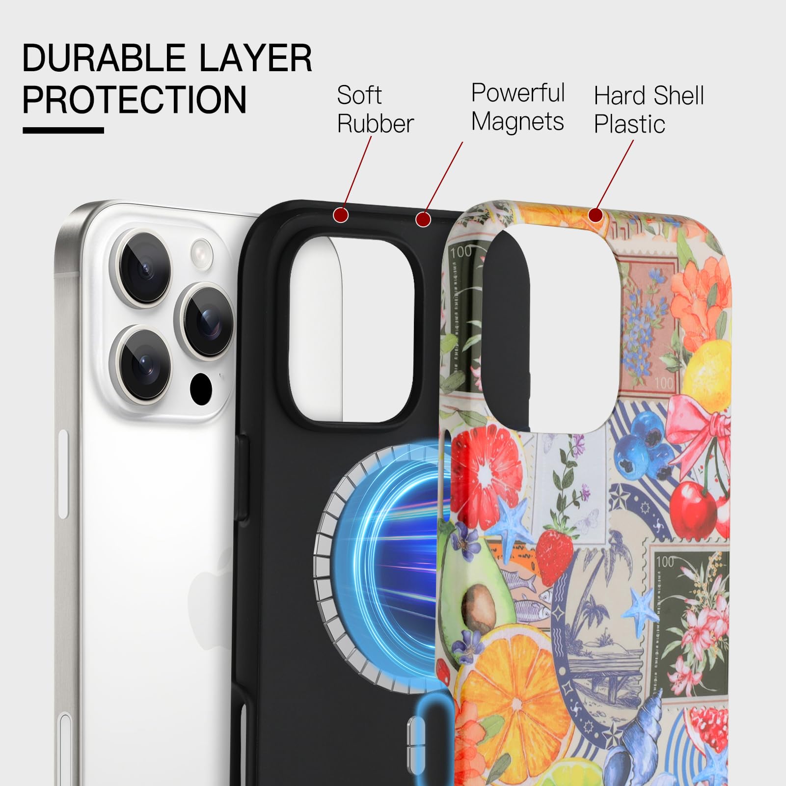 Jefonha For Iphone 16 Pro Max Case Cute Aesthetic For Women Girls, Classic Retro Western Fruit Stamp Seashell Costal Collage Sum