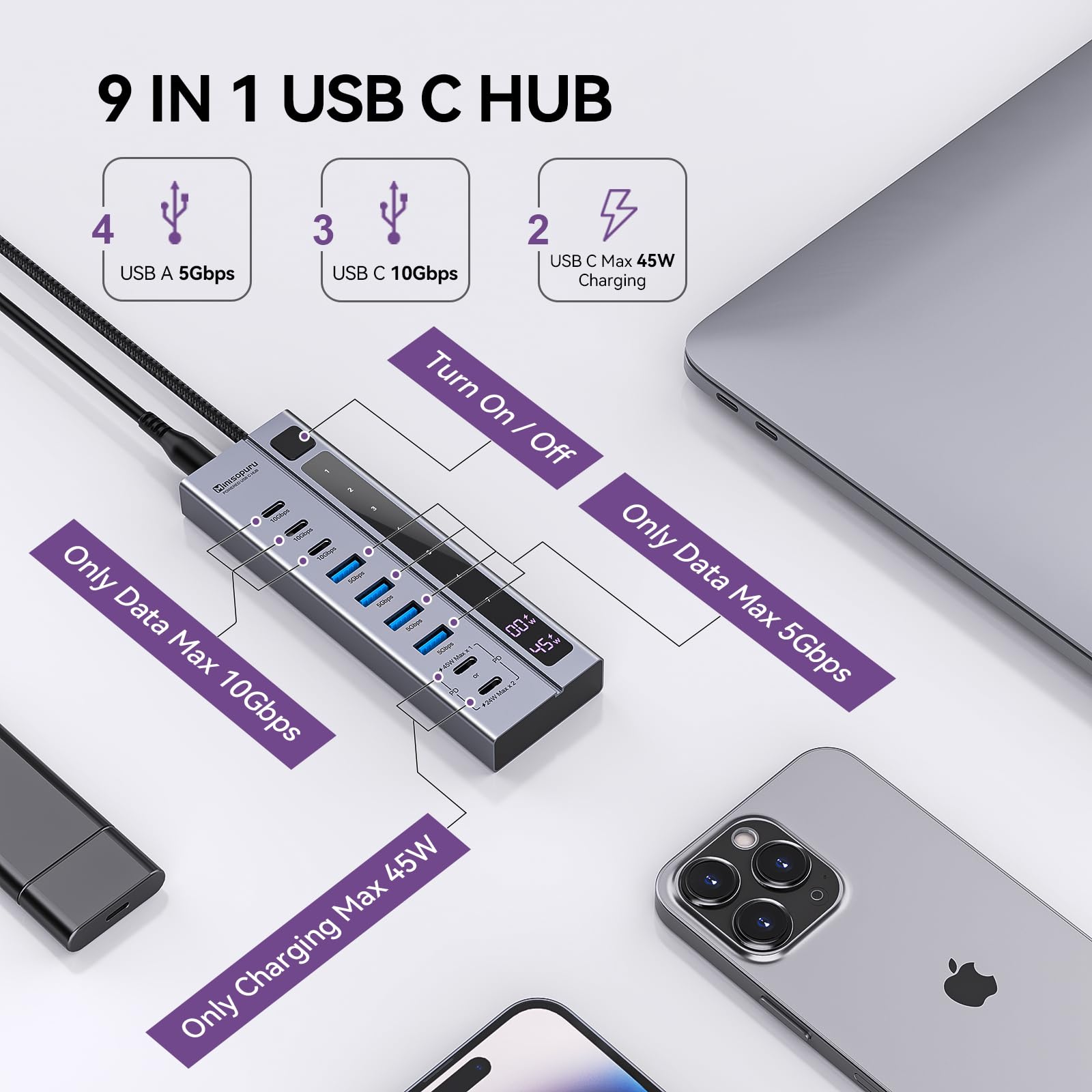 Minisopuru Powered Usb C Hub   Support Max 45W Charging With 72W Power Adapter, 10Gbps Data Transfer, Usb C To Usb C Hub Chargin