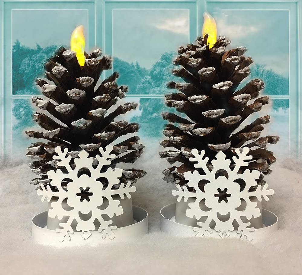 Banberry Designs Lighted Pine Cone Led   Set Of 2   Real Pine Cones With Lighted Flameless Candle Brushed With Snow And Each Is