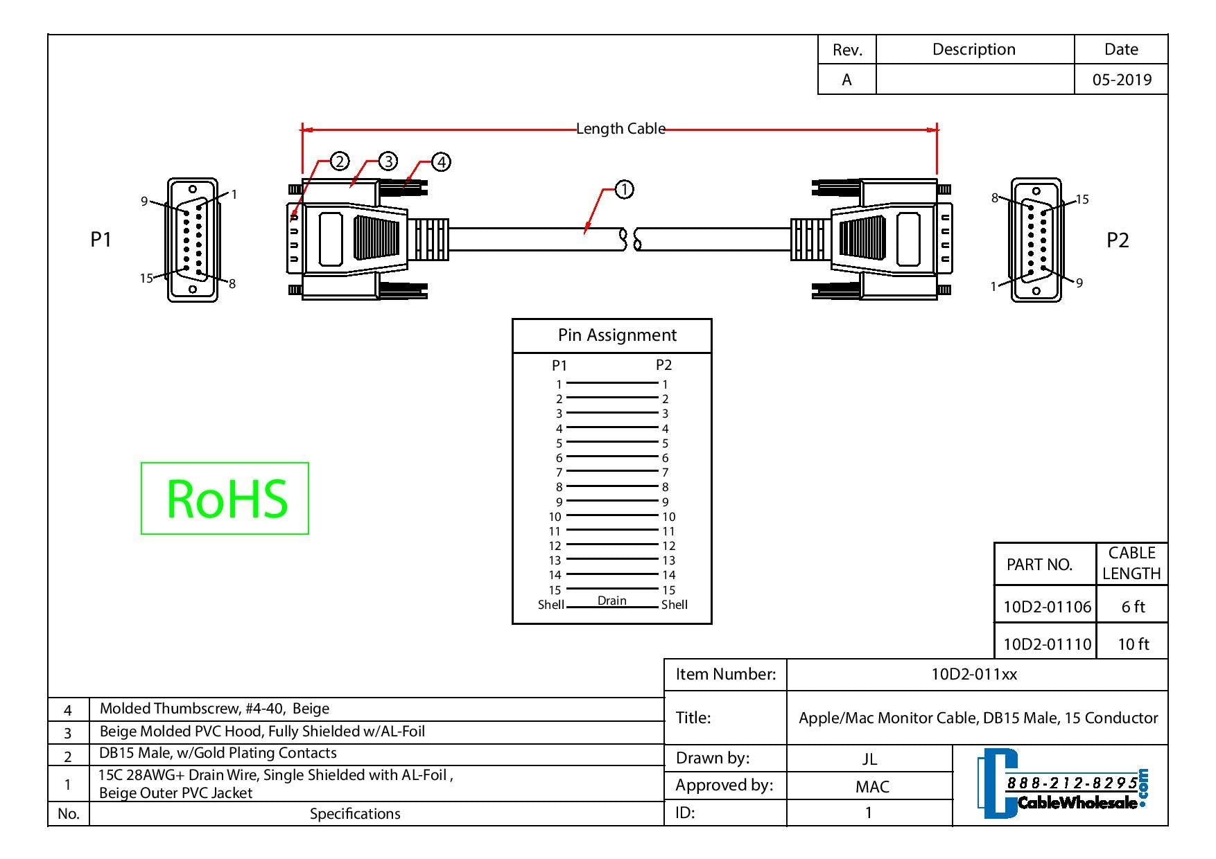 Cablewholesale Db15 Monitor Cable, 28 Awg Single Shielded Cord, 15 Pin Male To Male Db15 Male Connector, Vga M/M Cable, Beige, 6