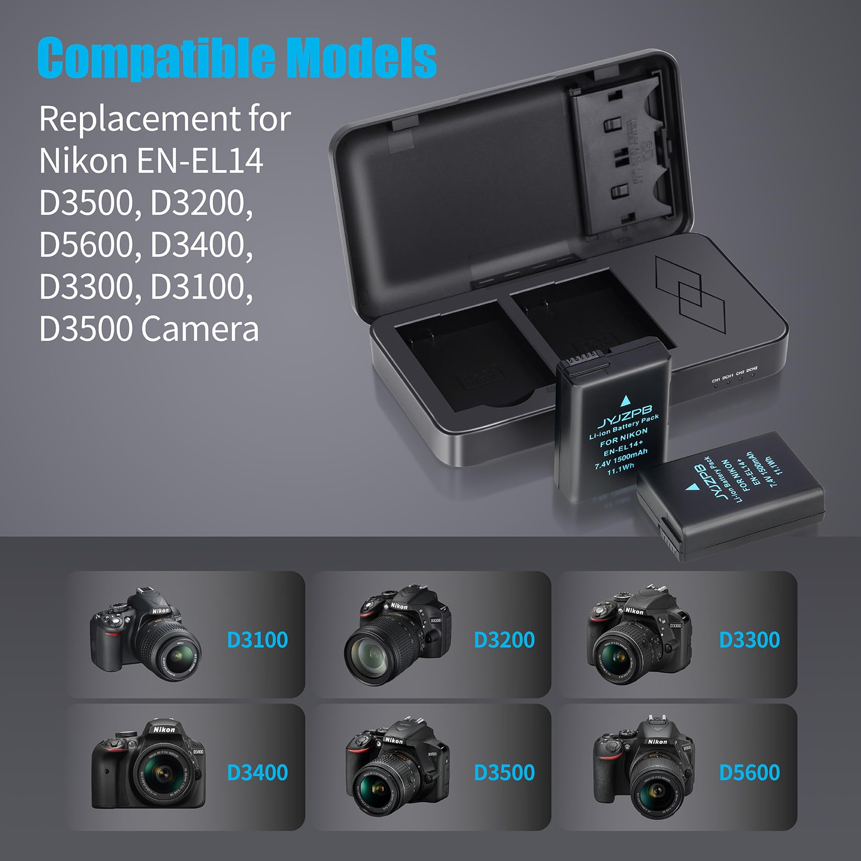 Jyjzpb En El14 En El14A Battery For Nikon D3200, D3400, D3500, D5600, D3300 Battery Charger Case With Dual Channel For Nikon D31