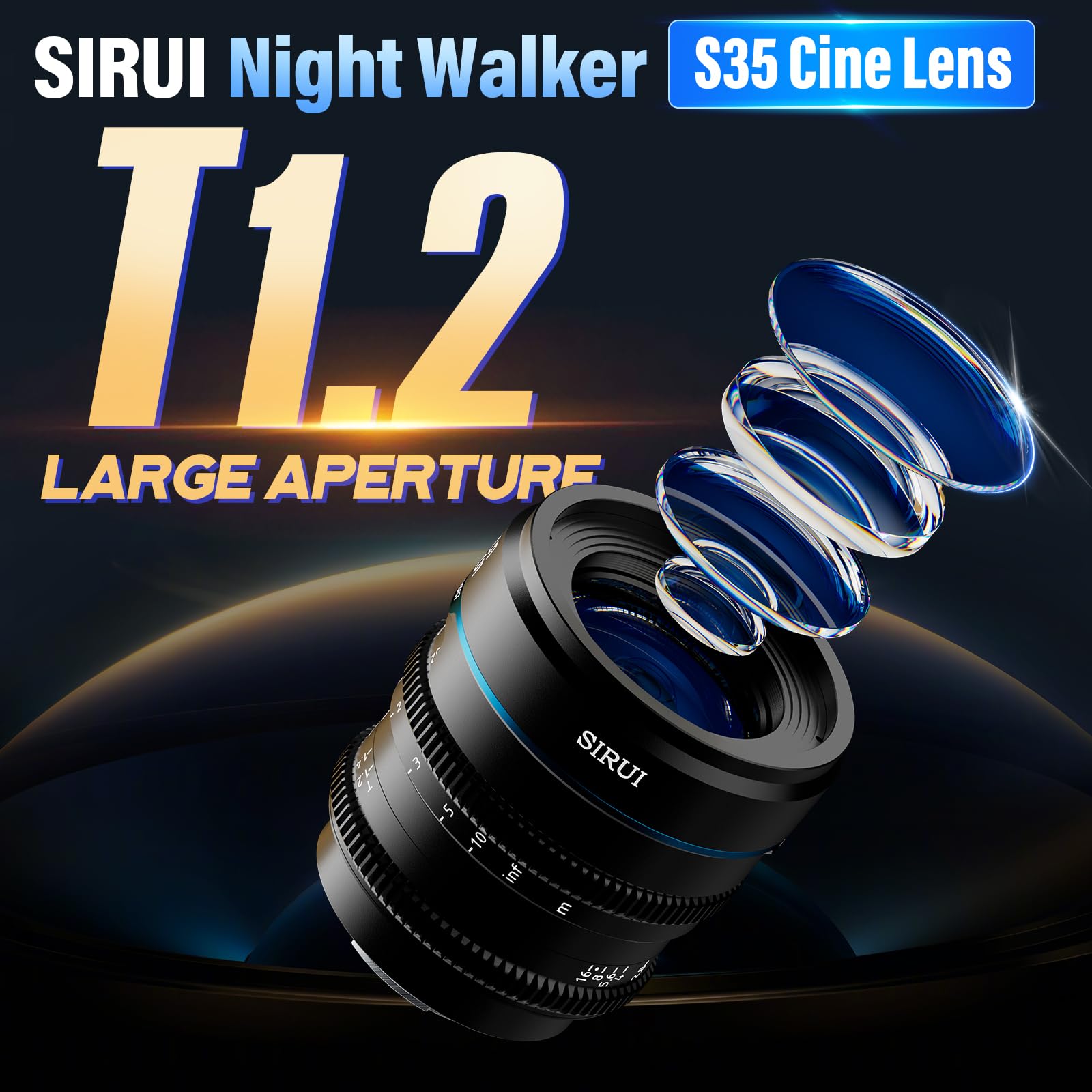 Sirui Night Walker 35Mm T1.2 S35 Cine Lens, Large Aperture Manual Focus Lens (Ms35E B, E Mount, Black)